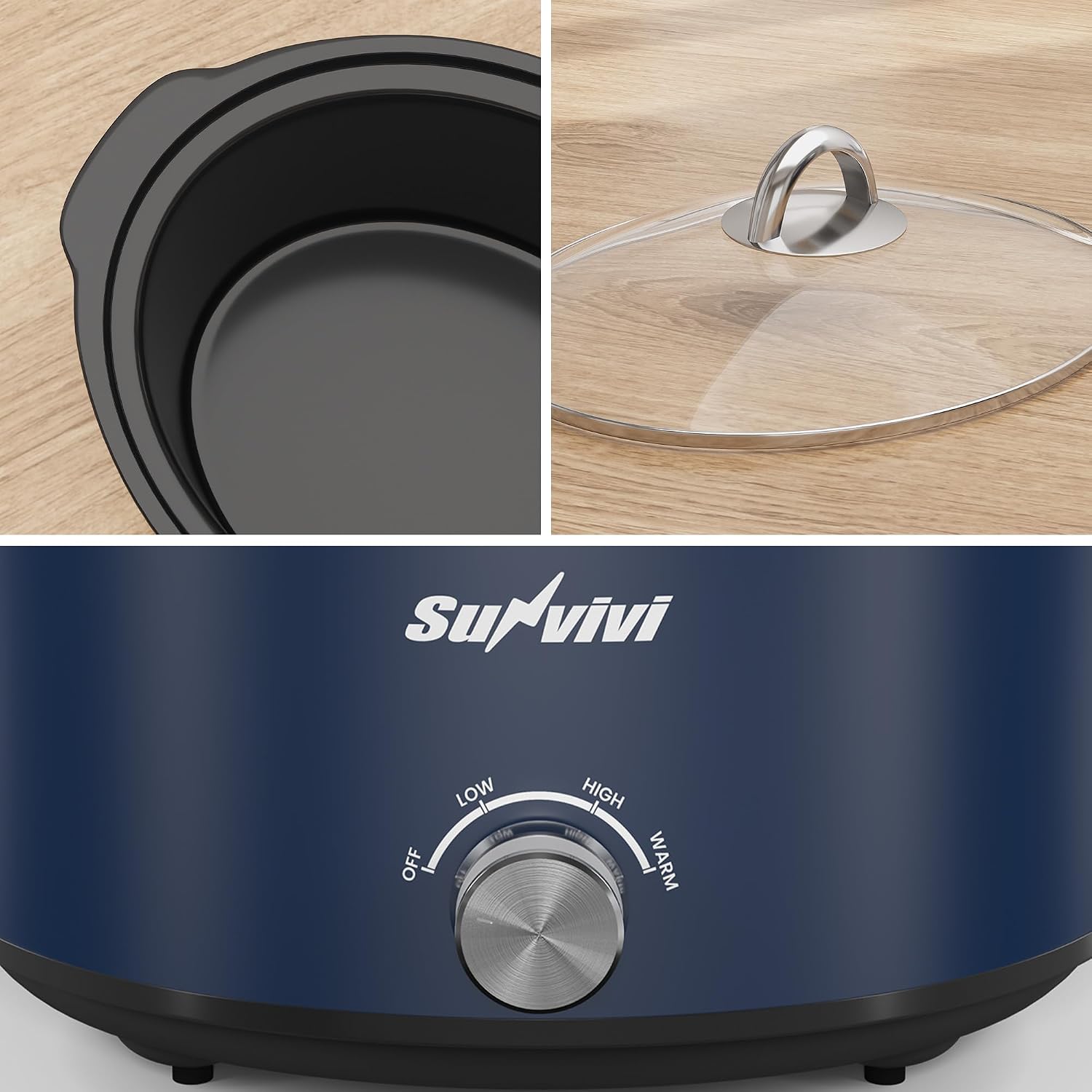 Sunvivi 4 Quart Slow Cooker & Mini Food Warmer with 3 Heating Settings, Removable Ceramic Pot, Dishwasher Safe Glass Lid, Stainless Steel, Blue