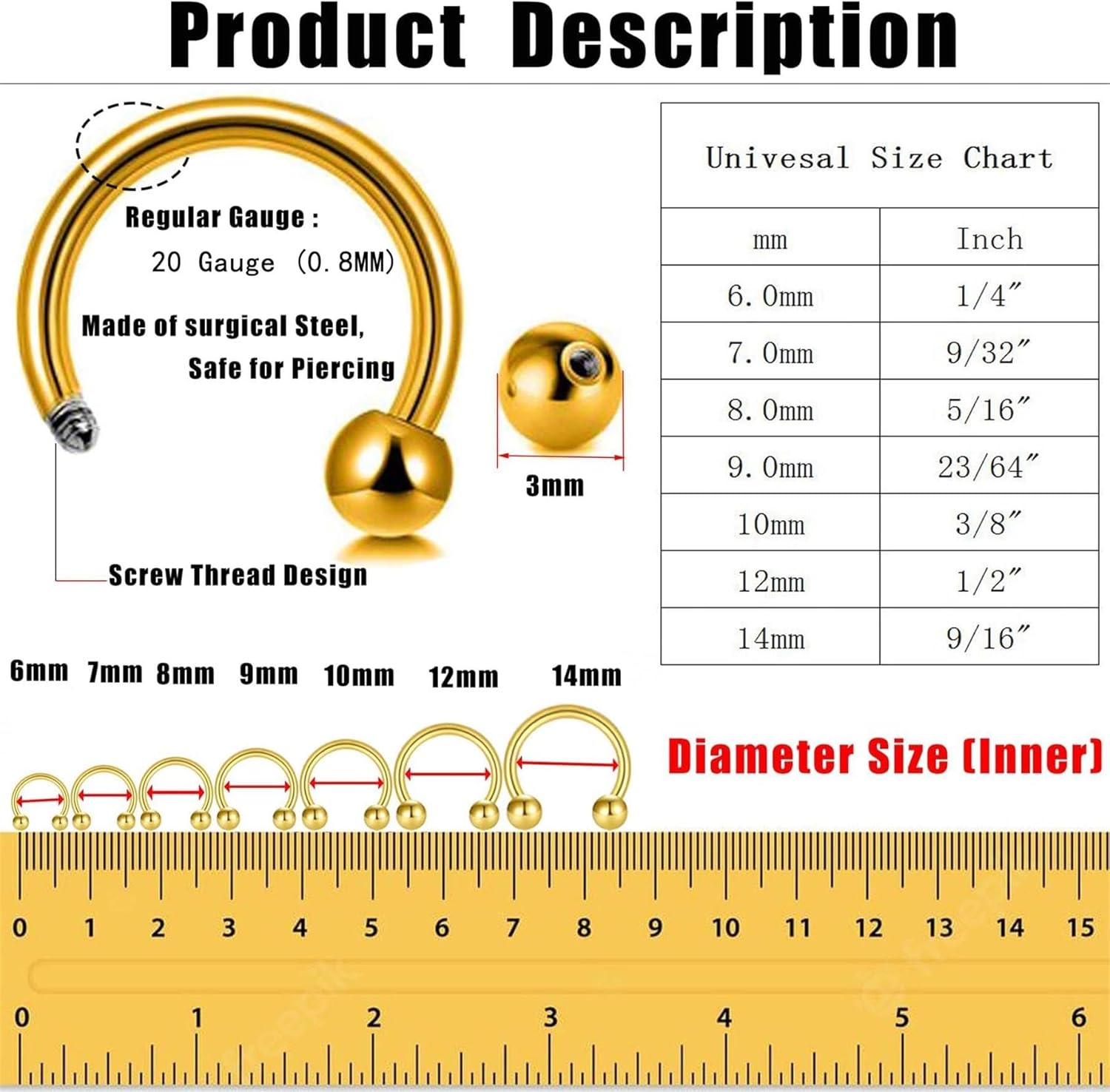 7Pairs 6/7/8/9/10/12/14MM Surgical Steel Horseshoe Small Septum Rings Smiley Piercing Jewelry Circular Curved Barbell Piercing Hoops Set for Nose Nipple Nostril Cartilage Helix Daith Tragus Lip Eyebrow - Image 7