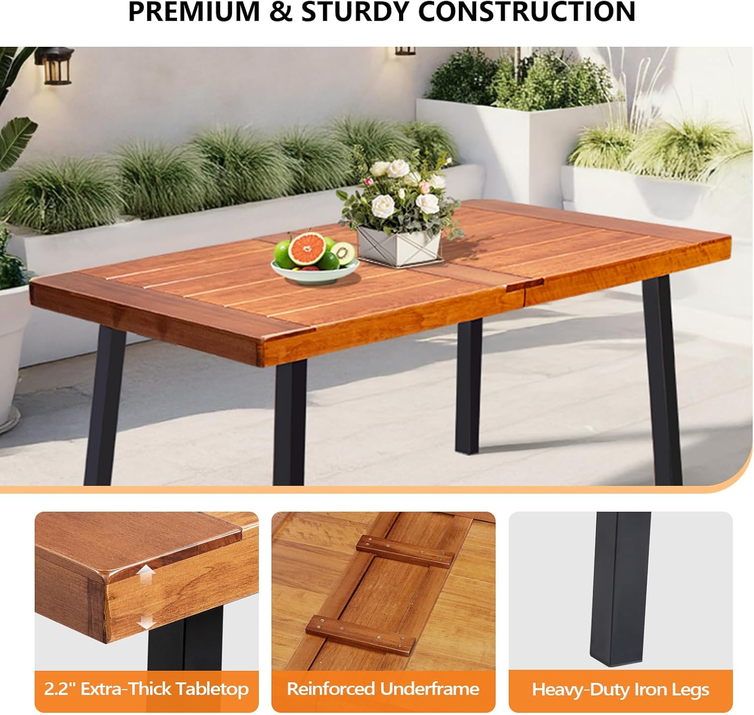 VINGLI 69 Inch Wood Dining Table with Iron Legs, 6-Person Indoor Outdoor Patio Garden Table, All-Weather Rustic Farmhouse Kitchen Table