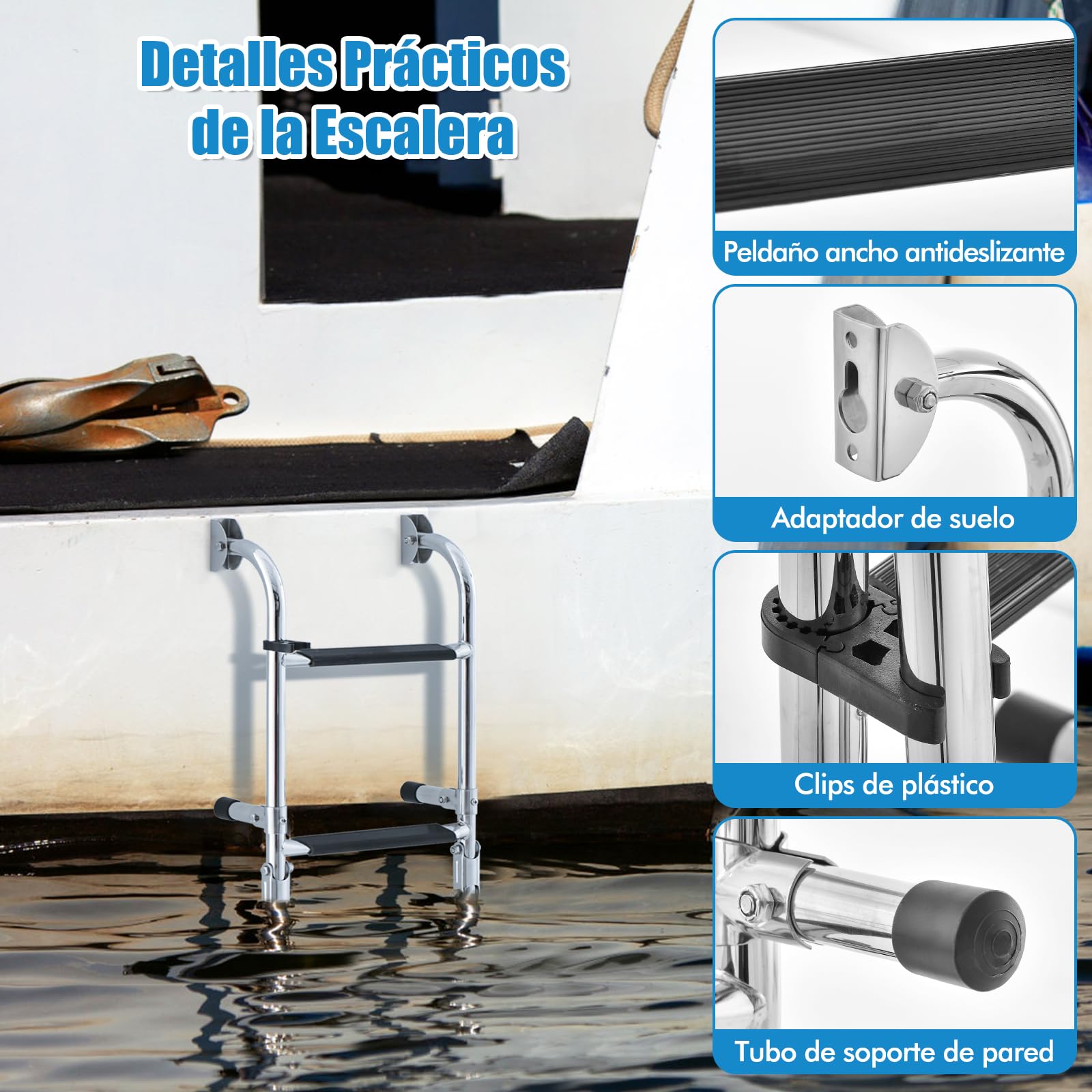 RELAX4LIFE Escalera de Barco Plegable de Acero Inoxidable con 4 Peldaños, Escalera de Piscina con Peldaños Antideslizantes de PVC para Barco, Piscina y Puerto, Carga 200 kg (Modelo 1)