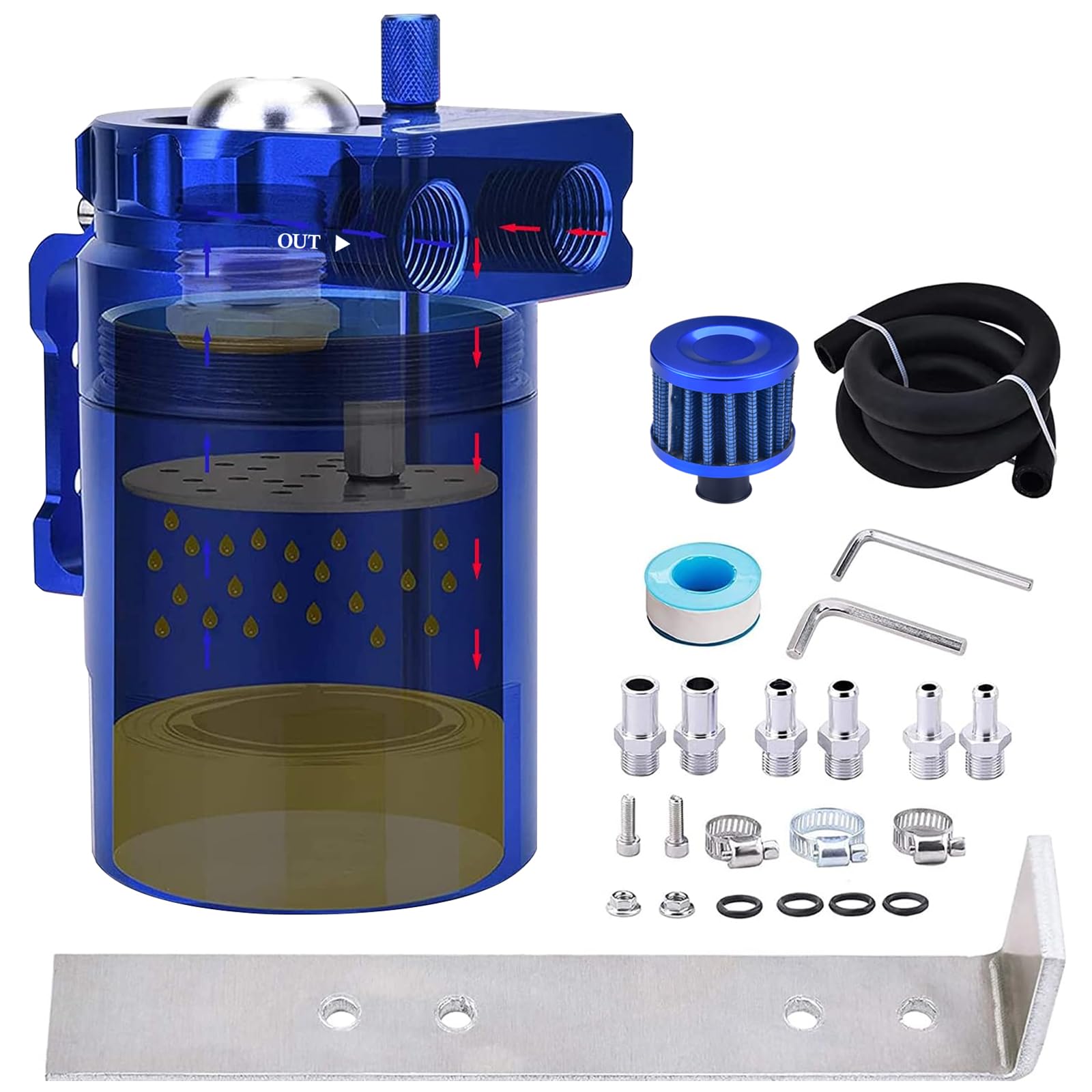 SPEEDWOW Universal Oil Catch Can Kit with low micron bronze filter &amp; larger removable baffle,Oil Capture Tank Air Tank with 3/8" Fuel Line, 300ml (Blue)