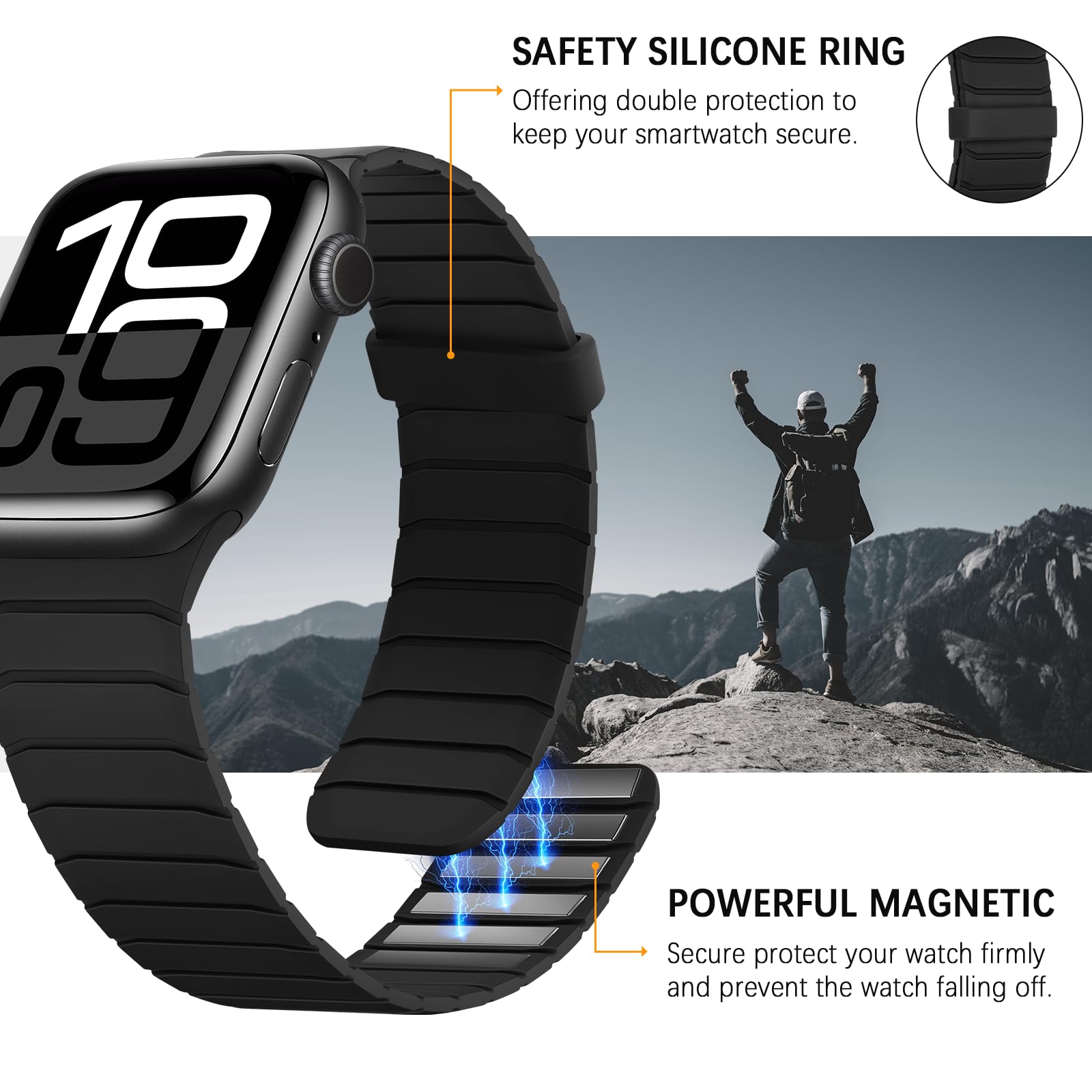Sixmoat Cinturino Magnetico in Silicone Compatibile con Apple Watch 42mm(Series 10) 41mm 40mm 38mm per Uomo e Donna, Cinturini Sportivo e Leggero per Ultra SE Series 10 9 8 7 6 5 4 3, Nero