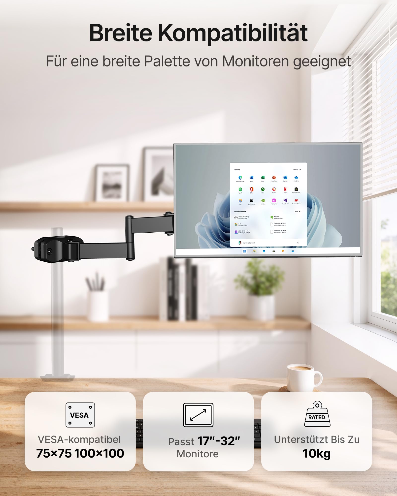 monTEK Braccio per monitor da 25 pollici con braccio extra lungo per schermi da 17-32 pollici, montaggio VESA a movimento completo con piastra a sgancio rapido 75 x 75/100 x 100 mm, adatto a pali da