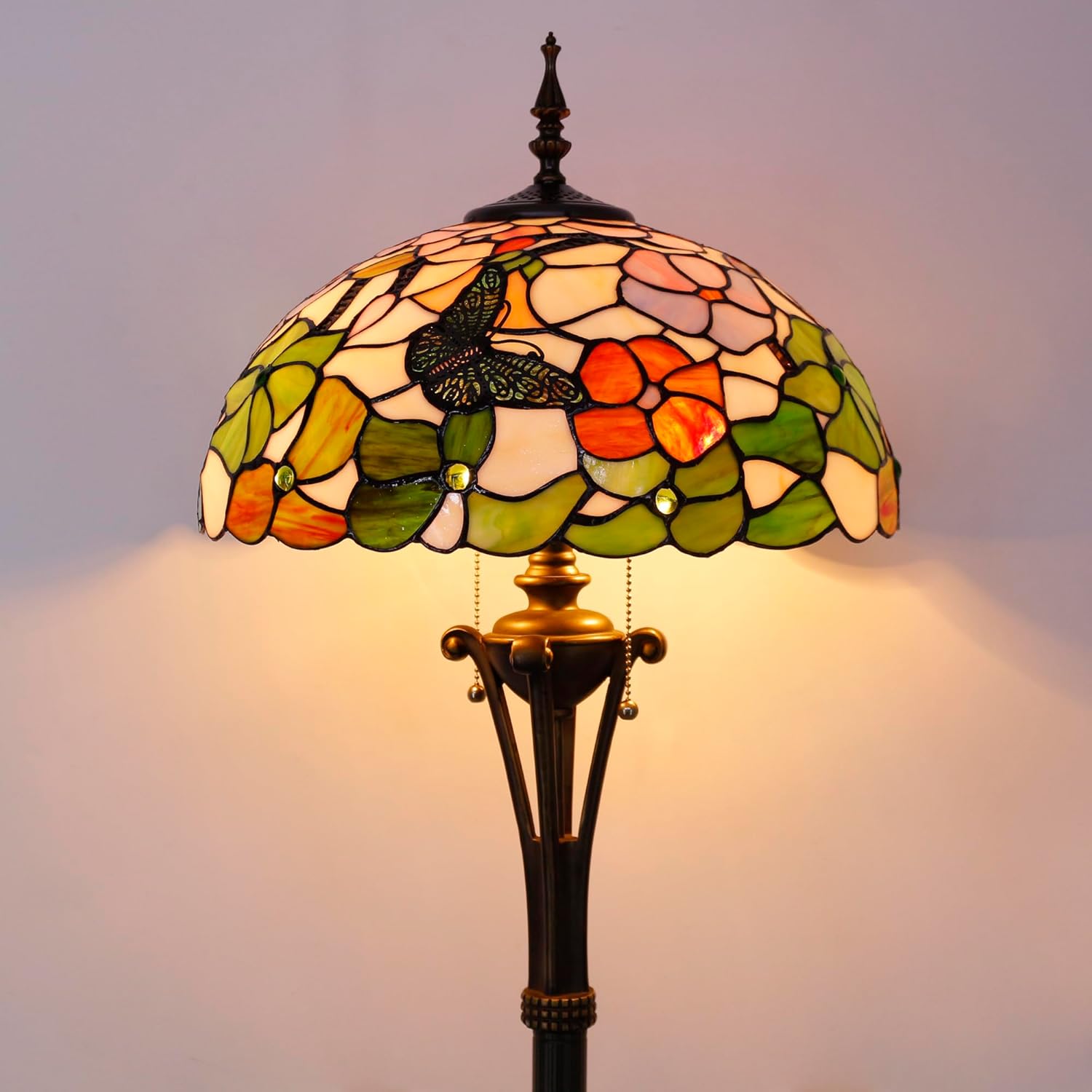 Tiffany Floor Lamp Butterfly Flower Stained Glass Standing Reading Light 16X16X70 Inches Antique Pole Corner Lamp Decor Bedroom Office Living Room