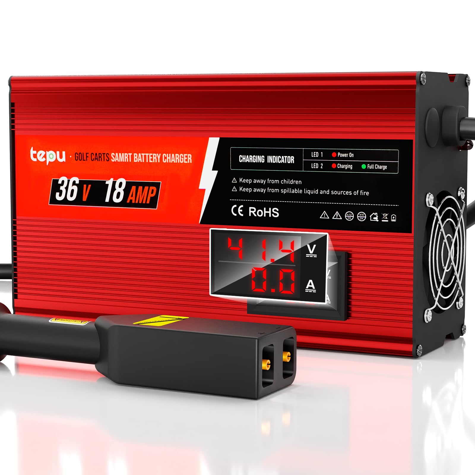 New Upgrades 36 Volt 18 Amp Golf Cart Battery Charger with Voltage Screen Display for EZGO TXT with D Style Plug, 16 Feet, 900w, Full Charge in 4 to 6 Hours, 36v Golf Cart Charger, Trickle Charge