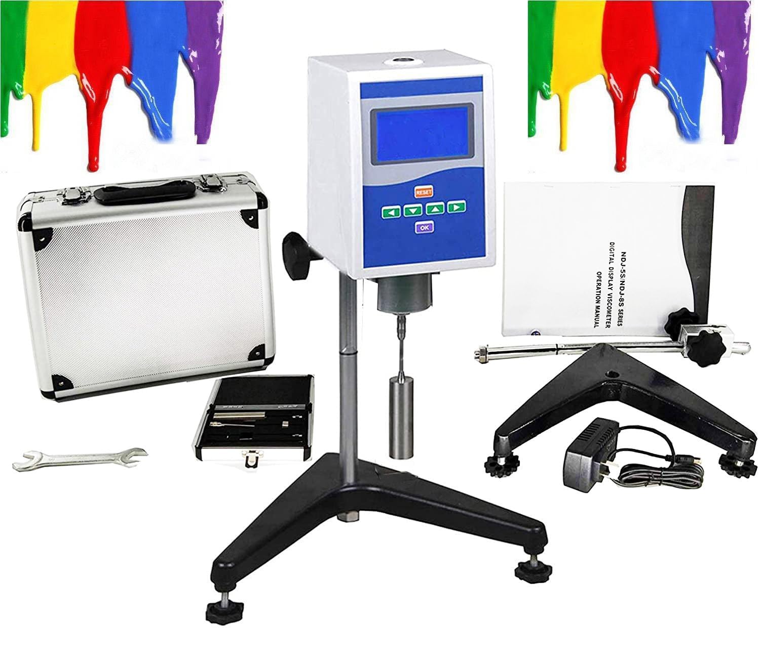Digital Viscosimeter Rotational Viscometer Viscosity Meter for Testing Oil Paints Plastics Food Paint Fluid Viscosity with Range 1~2000000mPa.s Speed 0.3,0.6,1.5,3,6,12,30 60r/min Rotors #1~4