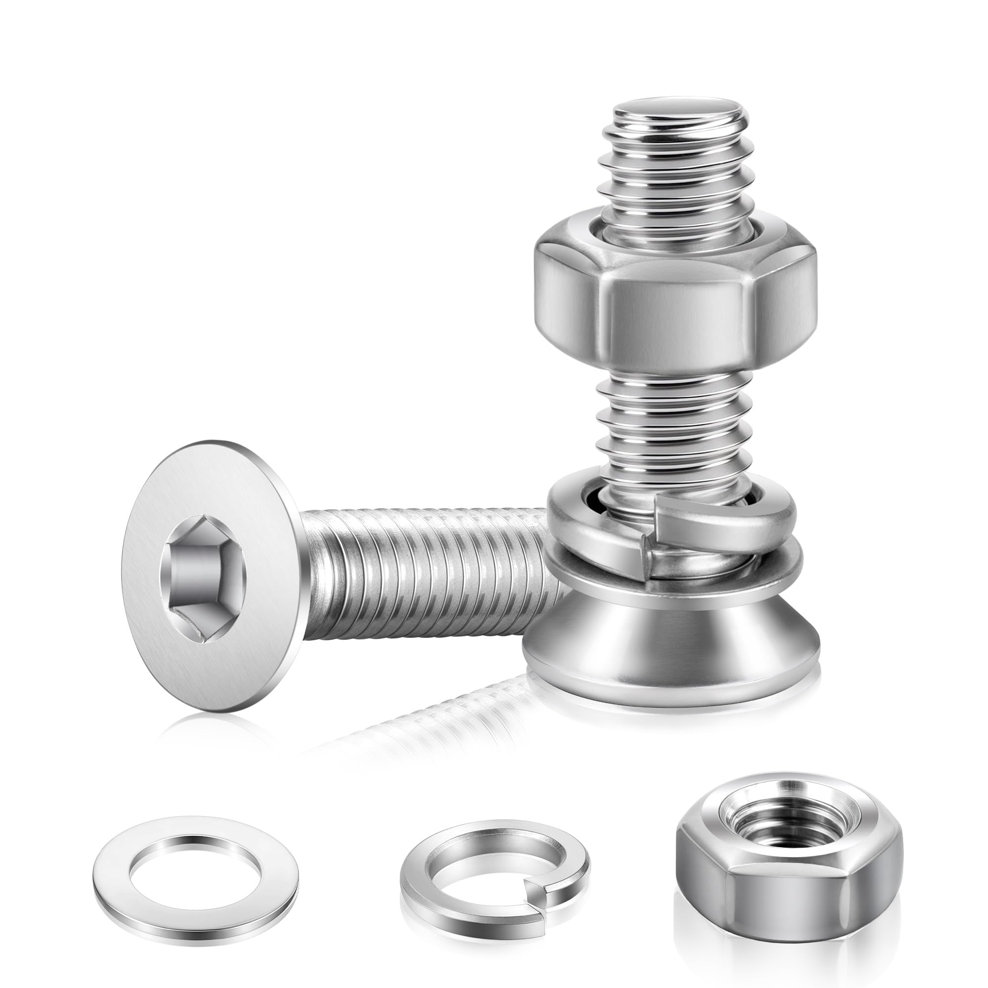 NZNSML 70 Sets Countersunk Nuts and Bolts M2x16 mm Hex Socket Countersunk Screws 304 Stainless Steel Machine Screws with Nuts and Washers Metric Standard Thread for Furniture Assembly