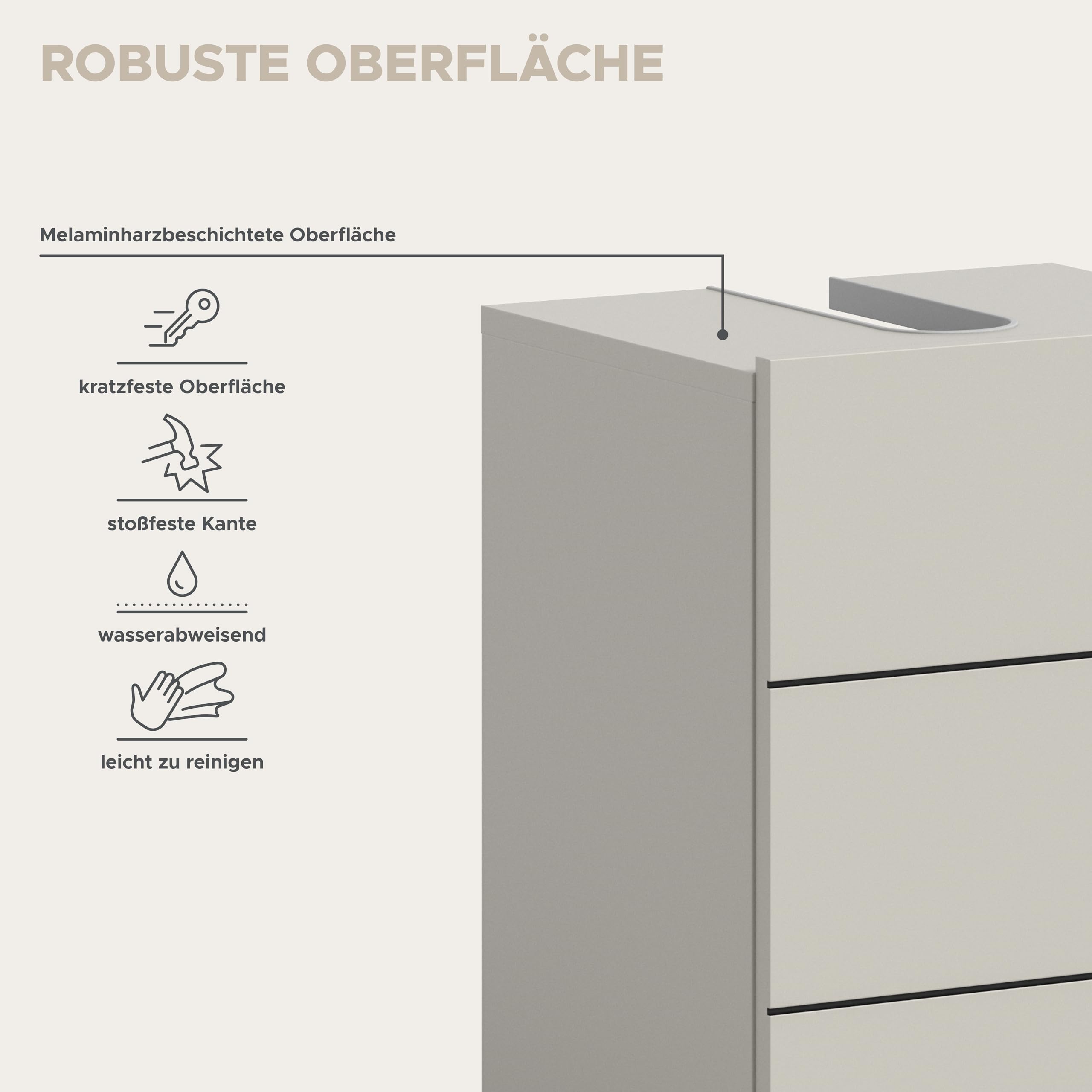 xonox.home – Waschbeckenunterschrank Vira 38x56x34 cm in Kaschmir Nachbildung und Akzenten in Schwarz – Schmaler Bad-Unterschrank für Gäste-WC – Kompakt, modern & pflegeleicht