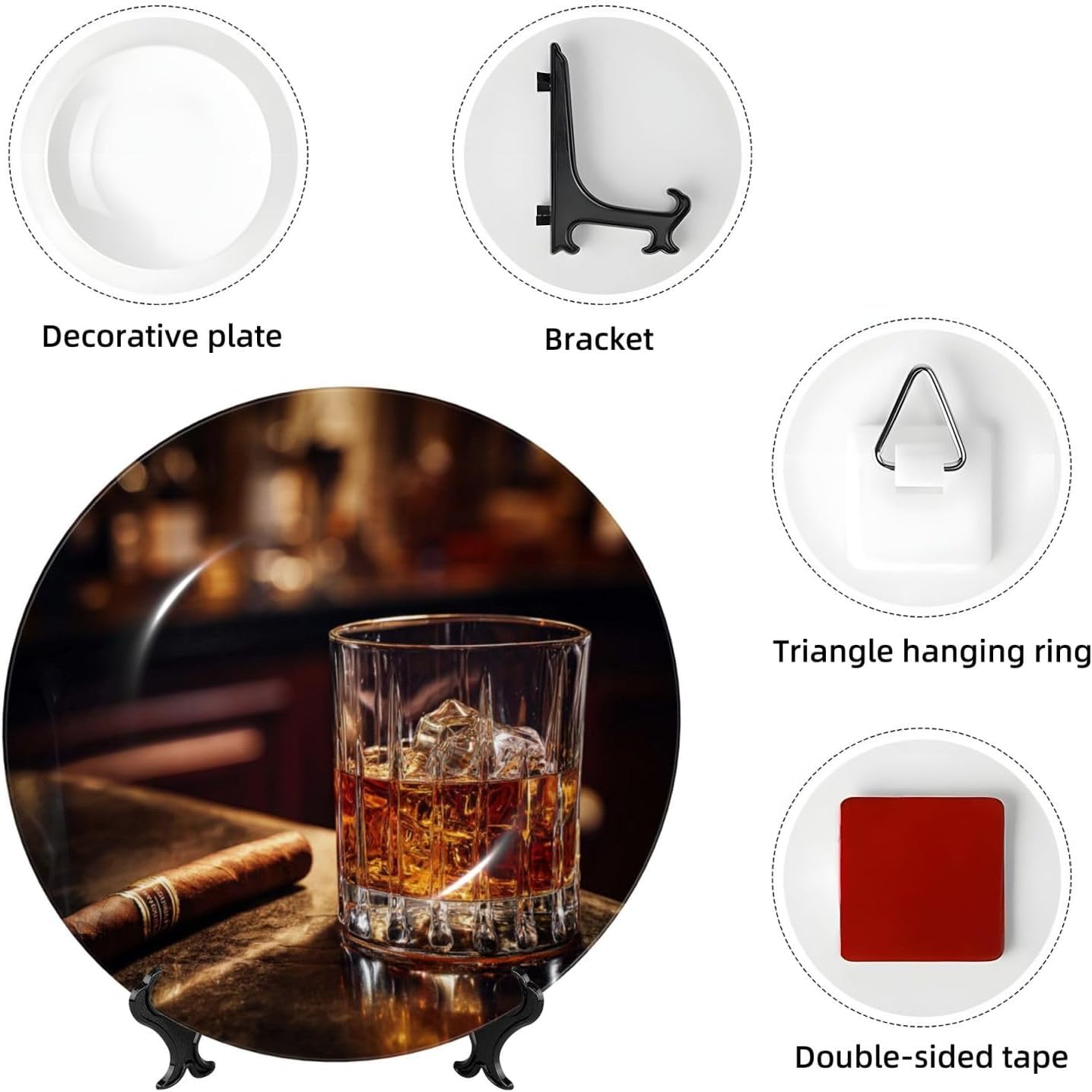 Decorative Plate 10in Bone China Dessert Plates with Display Stand Ceramic Ornament Ceramic Whisky and Cigar Decorative Plates Art Crafts Porcelain Plate for Home Club Living Room