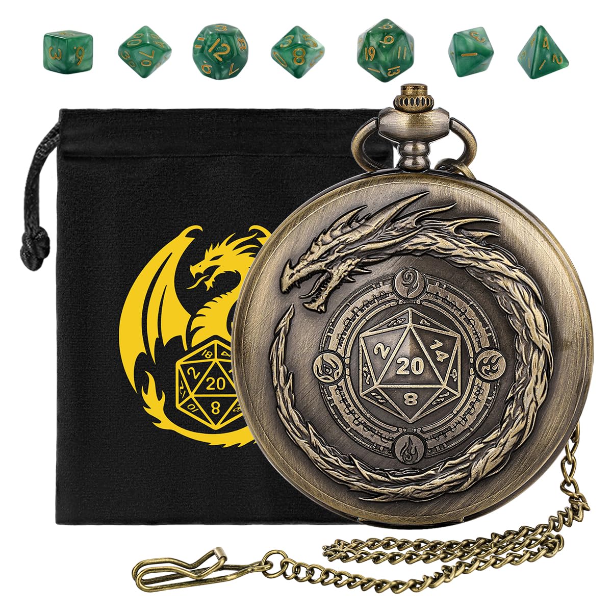 Mini DND Dice Set, 7pcs Polyhedral Acrylic Dice Set, with Steampunk Dragon Large Pocket Watch Case, DND Starter Set, DND Gift Bag with Dragon Logo, Role Play Board Game Accessories, Bronze + Green — image 1