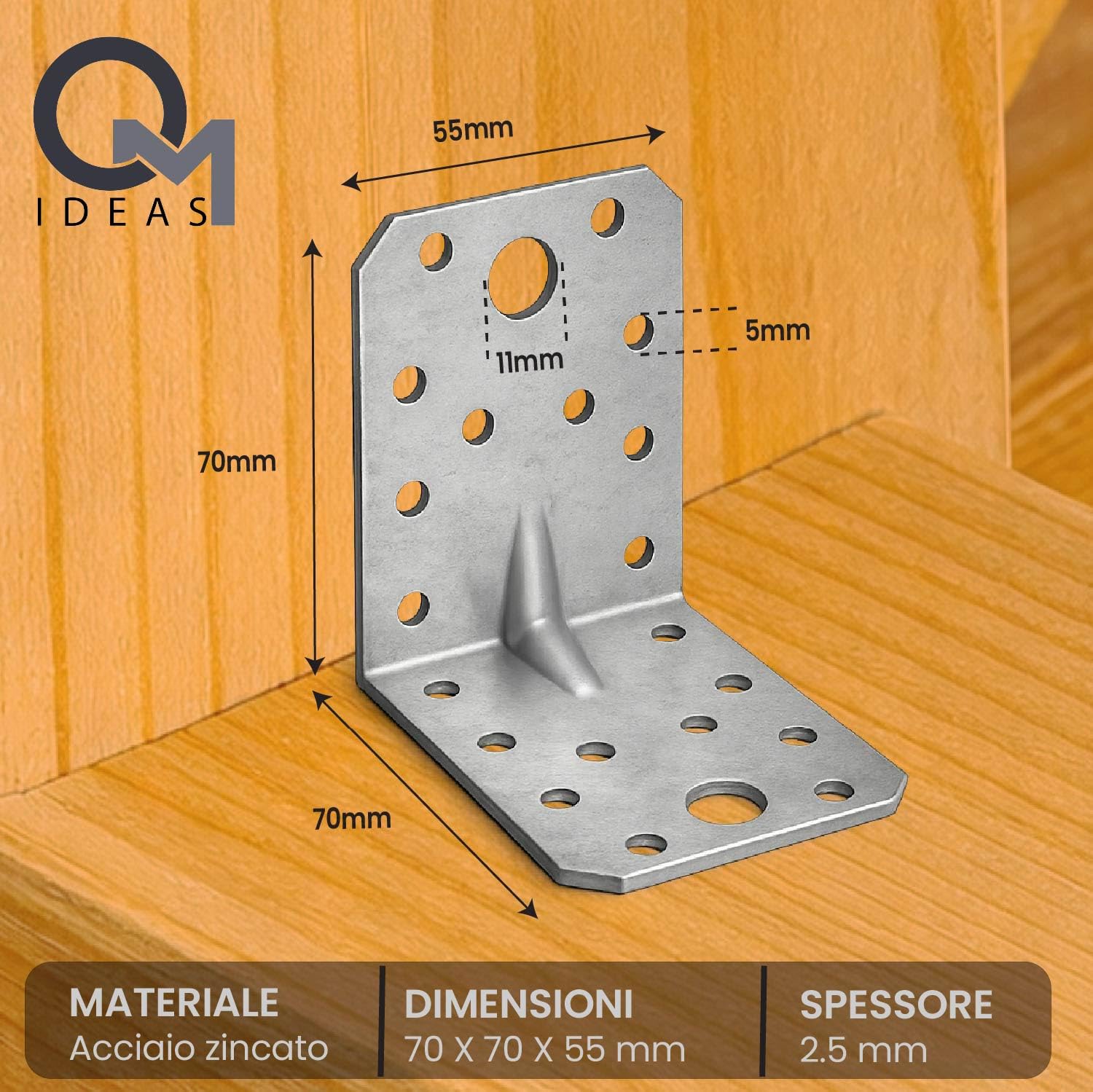 12 x Squadretta di Giunzione Angolare ( 70 x 70 x 55 x 2.5 ) Squadretta Rinforzata Zincate