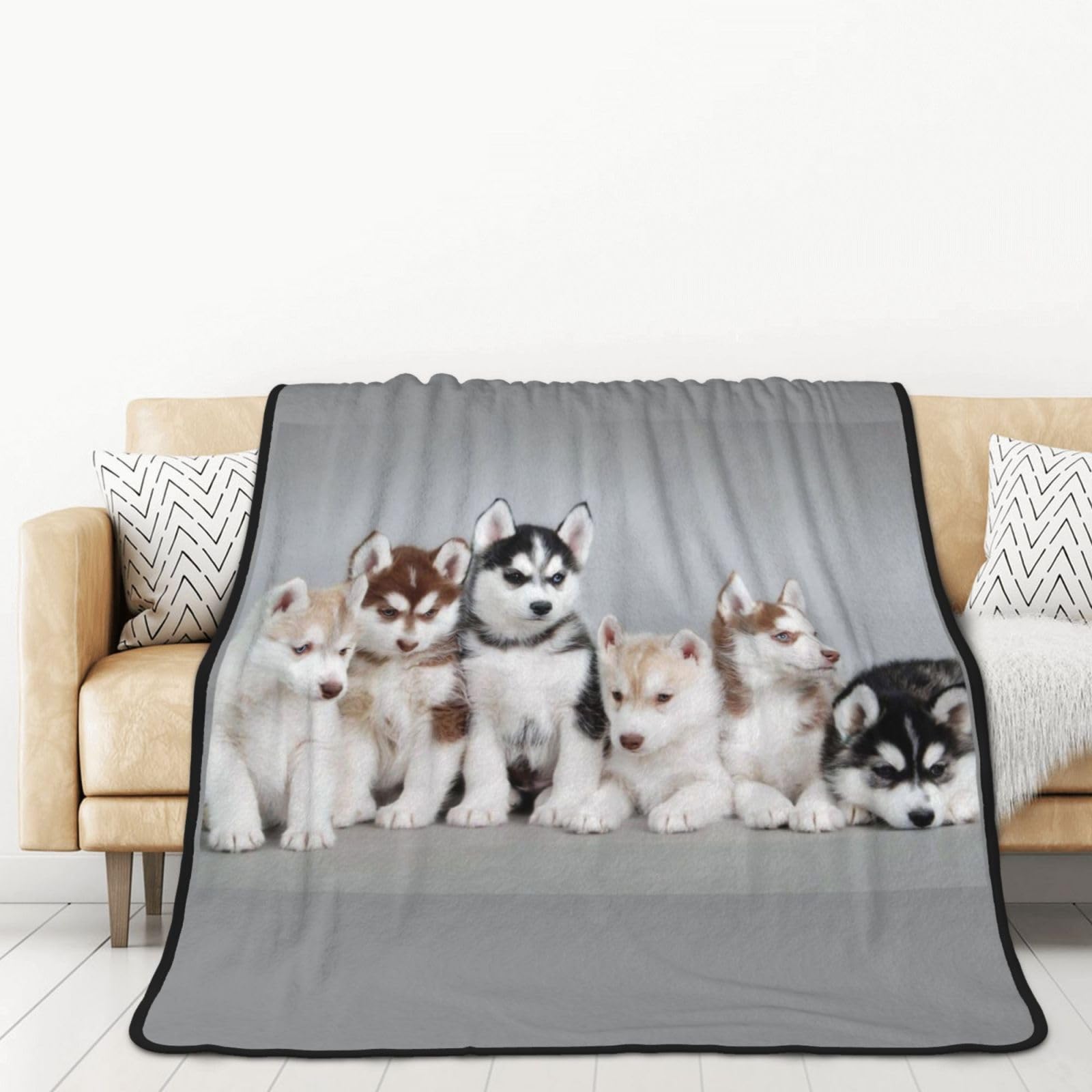 LAMAME Husky Puppies Hunde-bedruckte weiche doppelseitige Flanelldecke, doppellagig, dicke Decke, Überwurfdecke