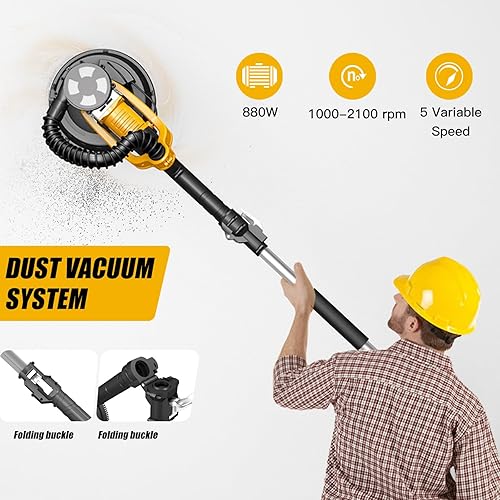 Miniatura 3 de ZHJAN Lijadora de paneles de yeso resistente (880 W) con vacío, lijadora eléctrica para paneles de yeso, 5 velocidades variables 1000-2100 RPM,