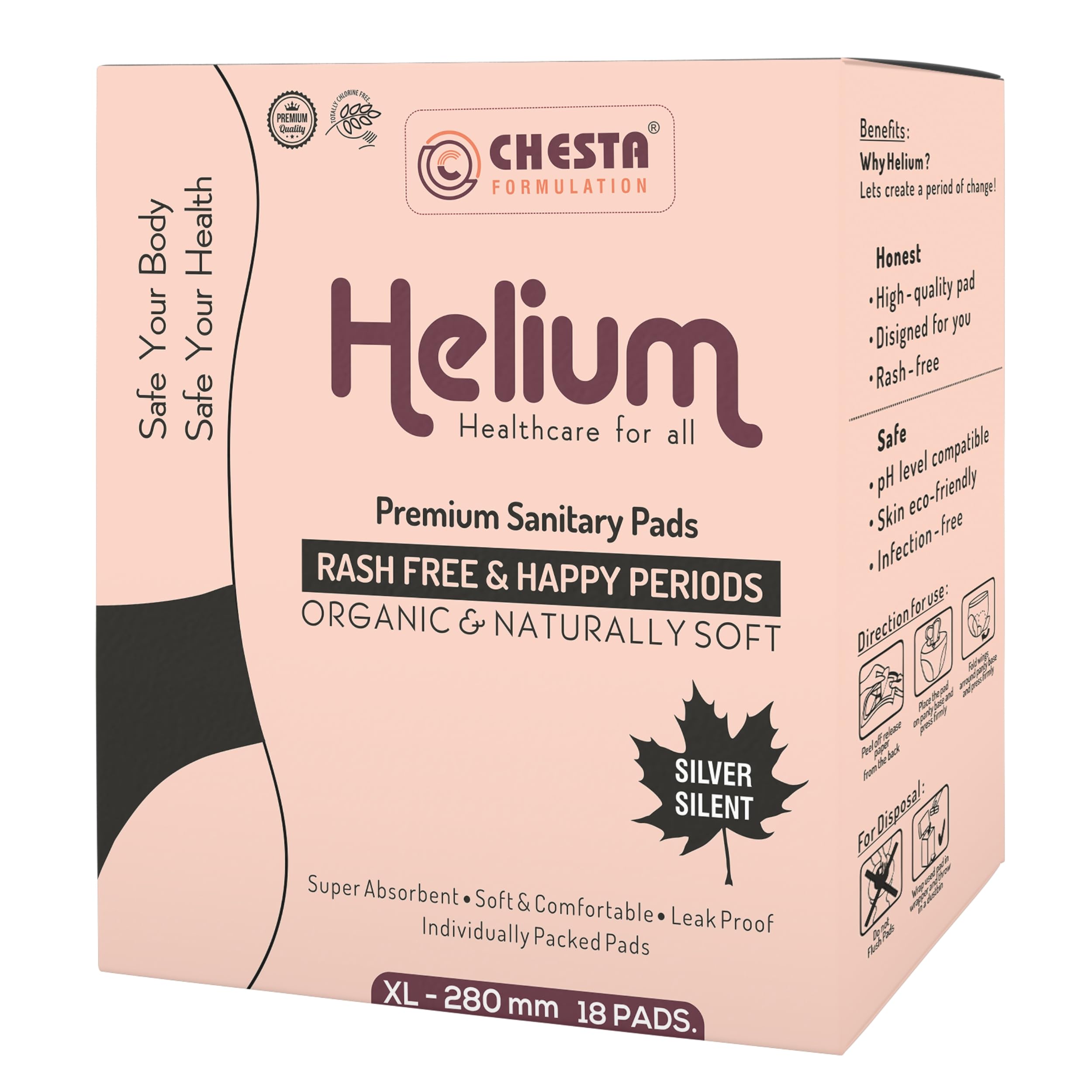 Chesta Formulation New Silver Silent Sanitray Pads For Women Organic Sanitary Pads High Absorption Pure Cotton Sanitary Pads Soft and Rash Free Size- XL Pads Size-280mm Pack Of 24 Pads