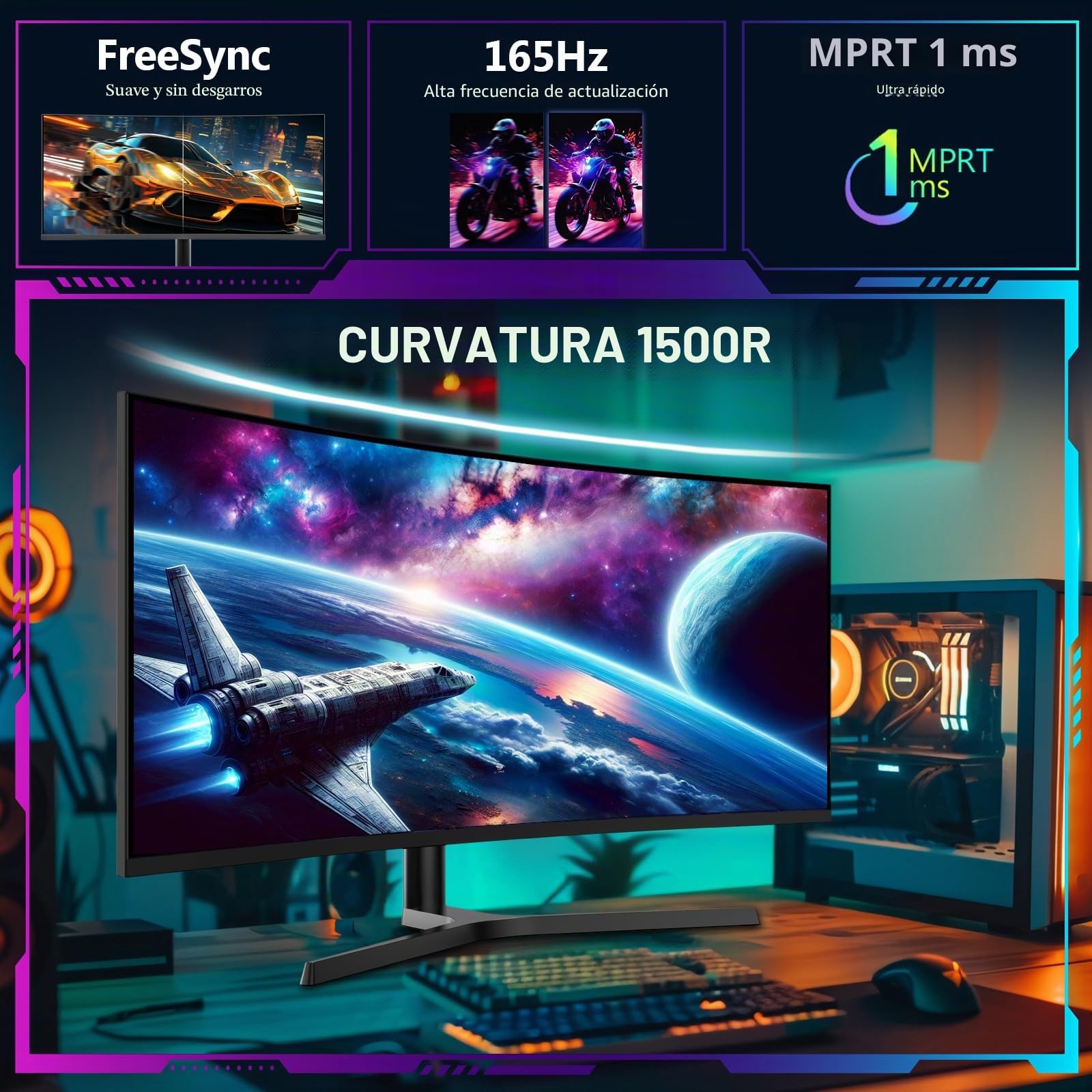 Z-Edge Monitor Gaming Curvo 34 Pulgadas, 165Hz, 3440x1440, 1ms MPRT, Altura & Inclinación Ajustables, Pantalla Ultra Ancho 21:9, FreeSync, 1500R VA, 2* HDMI2.0 &2* DP1.4, RGB, VESA 100 * 100mm