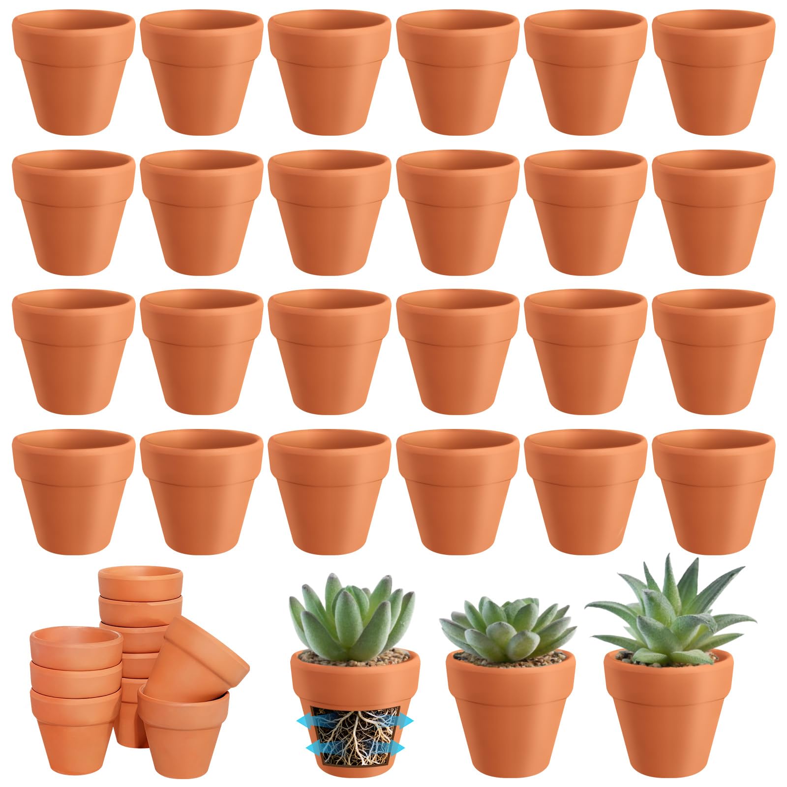 Valyrane Pack de 24 Macetas de Terracota de 5,5 cm con Agujero de Drenaje, Pequeñas Macetas Reutilizables para Suculentas, Cactus y Flores, Ideales para Manualidades en el Hogar y la Oficina - 2