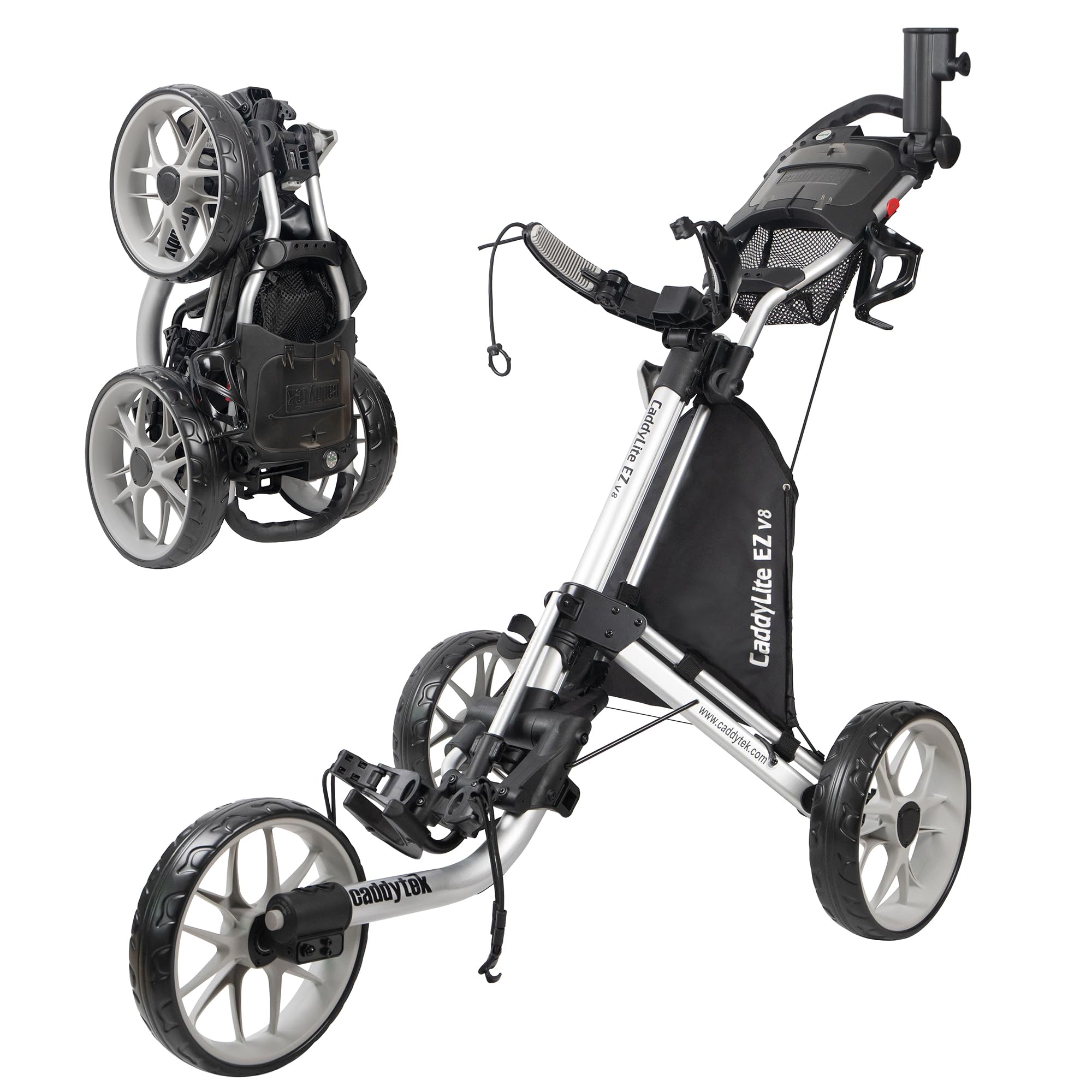 Caddytek CaddyLite EZ V8 Golf Push Cart - Lightweight 3 Wheel Foldable Cart with One-Click 2-Step Folding, EVA Wheels, Adjustable Handle, Cooler Basket, Umbrella & Drink Holder, Compact Golf Cart