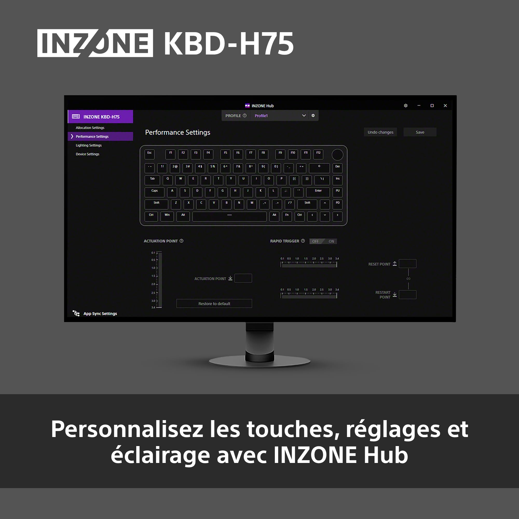 Clavier Gaming Sony INZONE KBD-H75 - Déclenchement Rapide, commutateurs magnétiques, actionnement réglable, 75% TKL, fréquence de rafraîchissement de 8 000 Hz, RGB, PC FPS, Disposition AZERTY - Noir