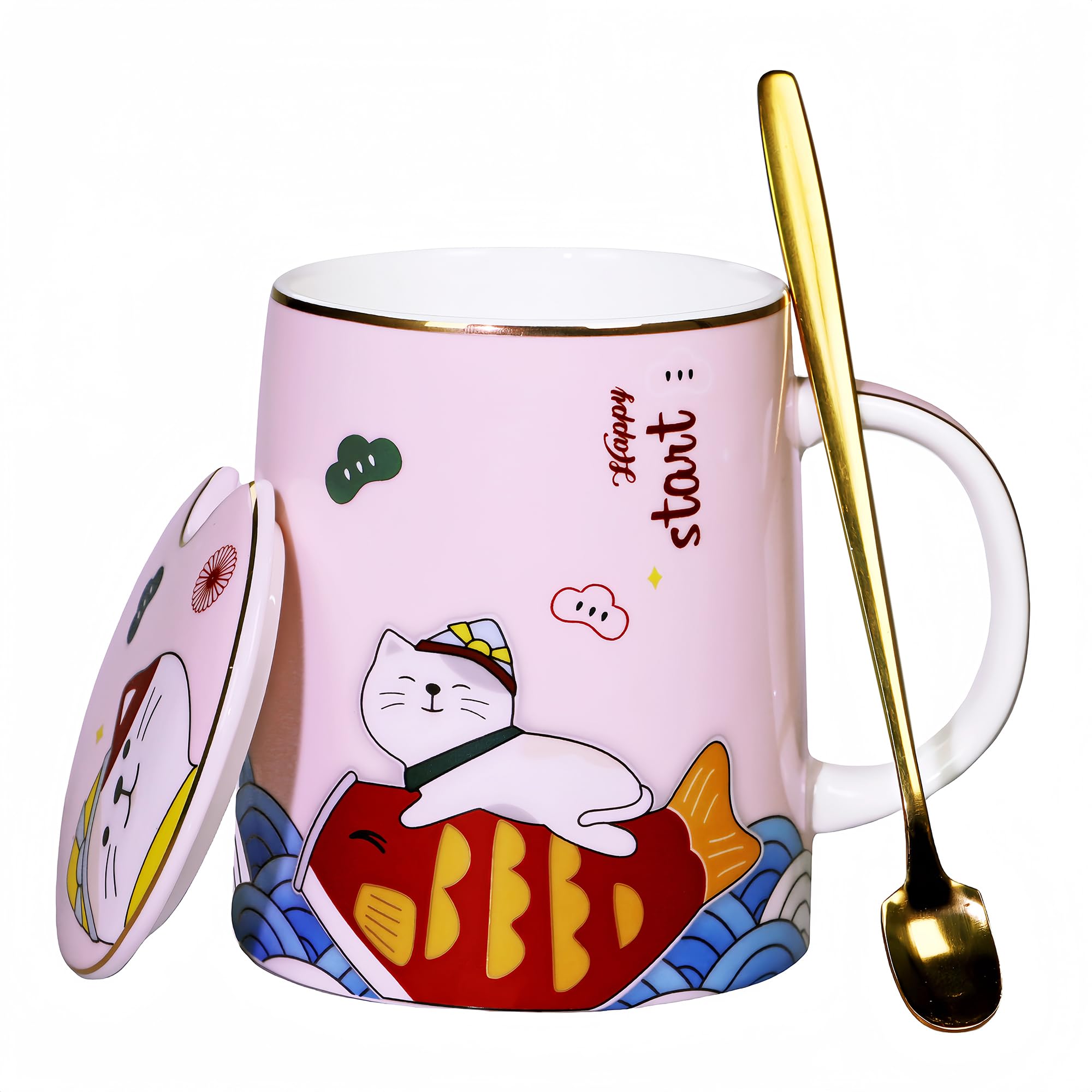 PMNING Cat Mug Cute Cat Coffee Mug with Lid and Spoon Cat Stuff Cat Mug for Cat Lovers - 12.5 oz Tea Coffee Cup with Lid and Spoon Christmas Birthday Gifts for Women Men (Pink), PMMGS001