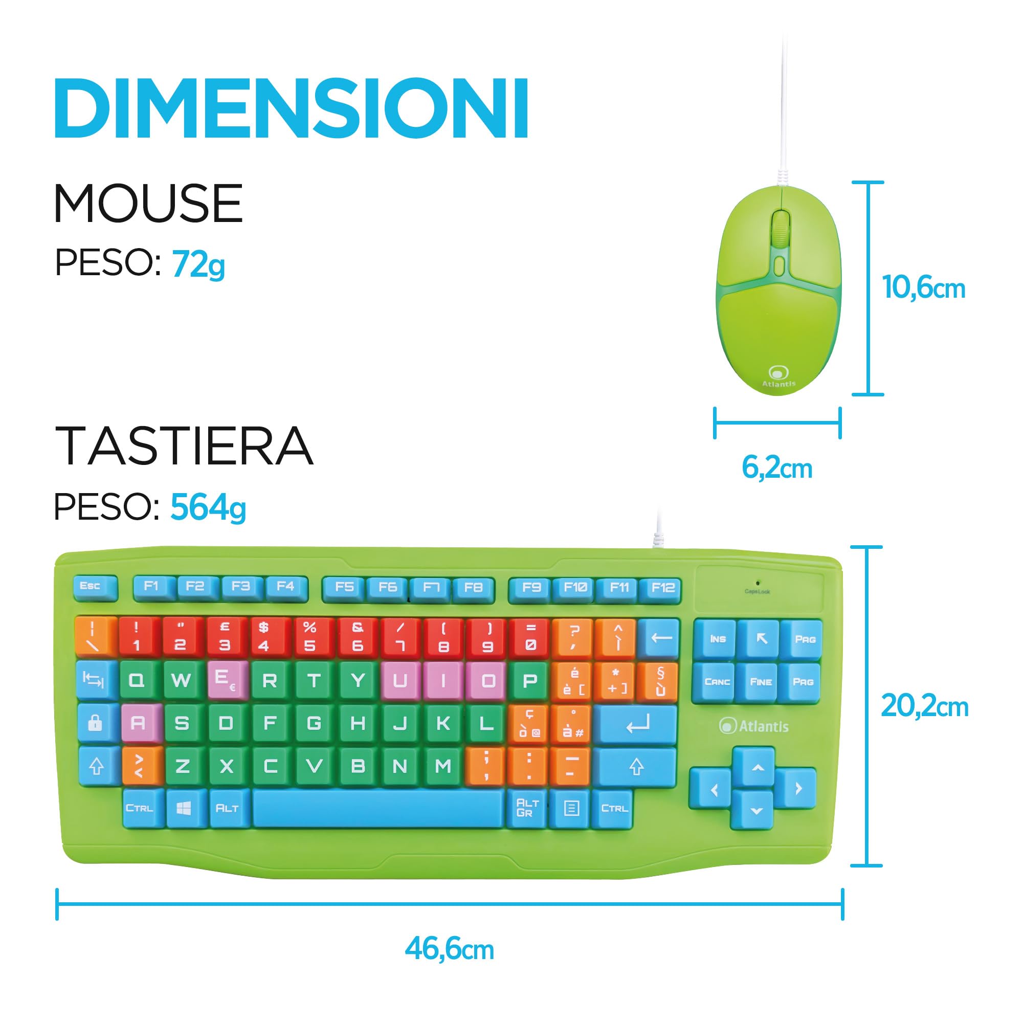 Atlantis Kids Keyboard + Mouse, Kit Tastiera Italiana QWERTY e Mouse USB fino a 1600Dpi con tasti grandi, morbidi, colorati, caratteri ingranditi