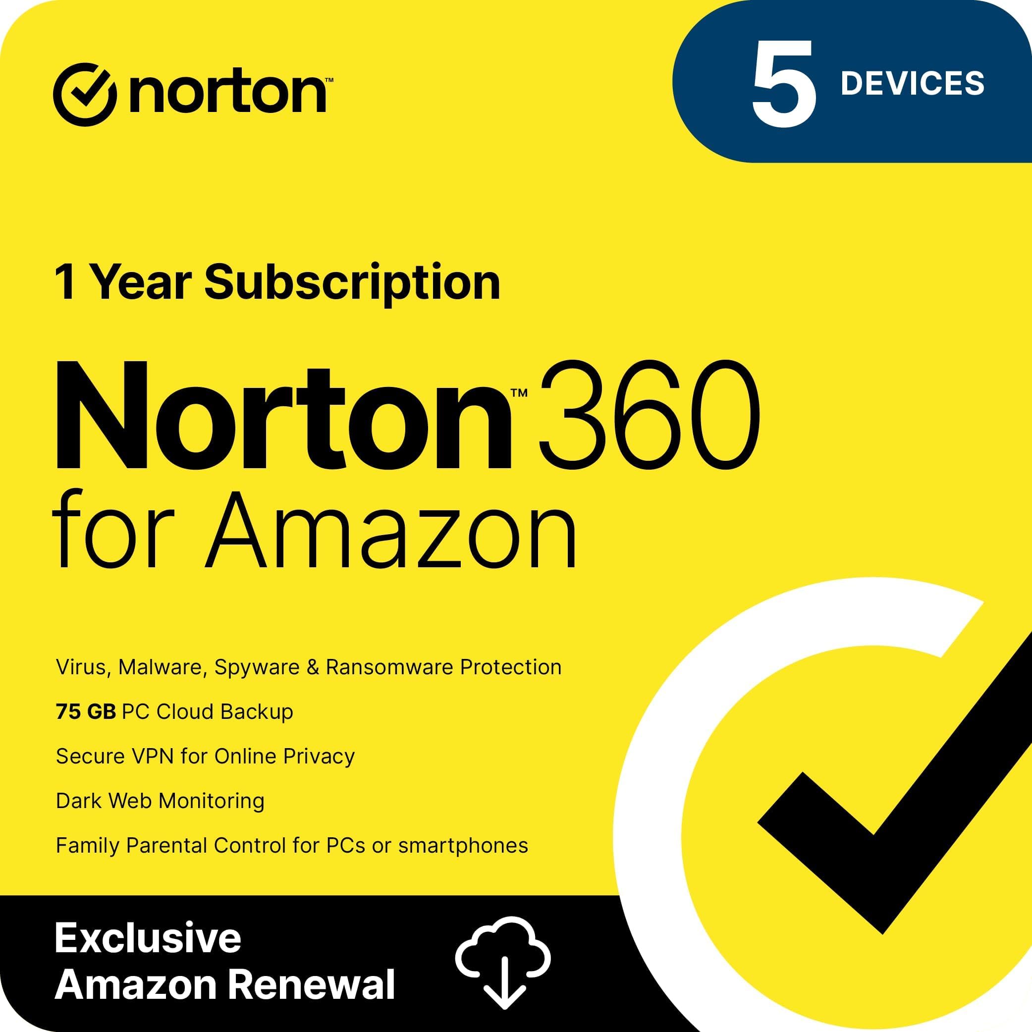 Norton 360 for Amazon 2025, Antivirus software for up to 5 Devices with Auto Renewal [Subscription]