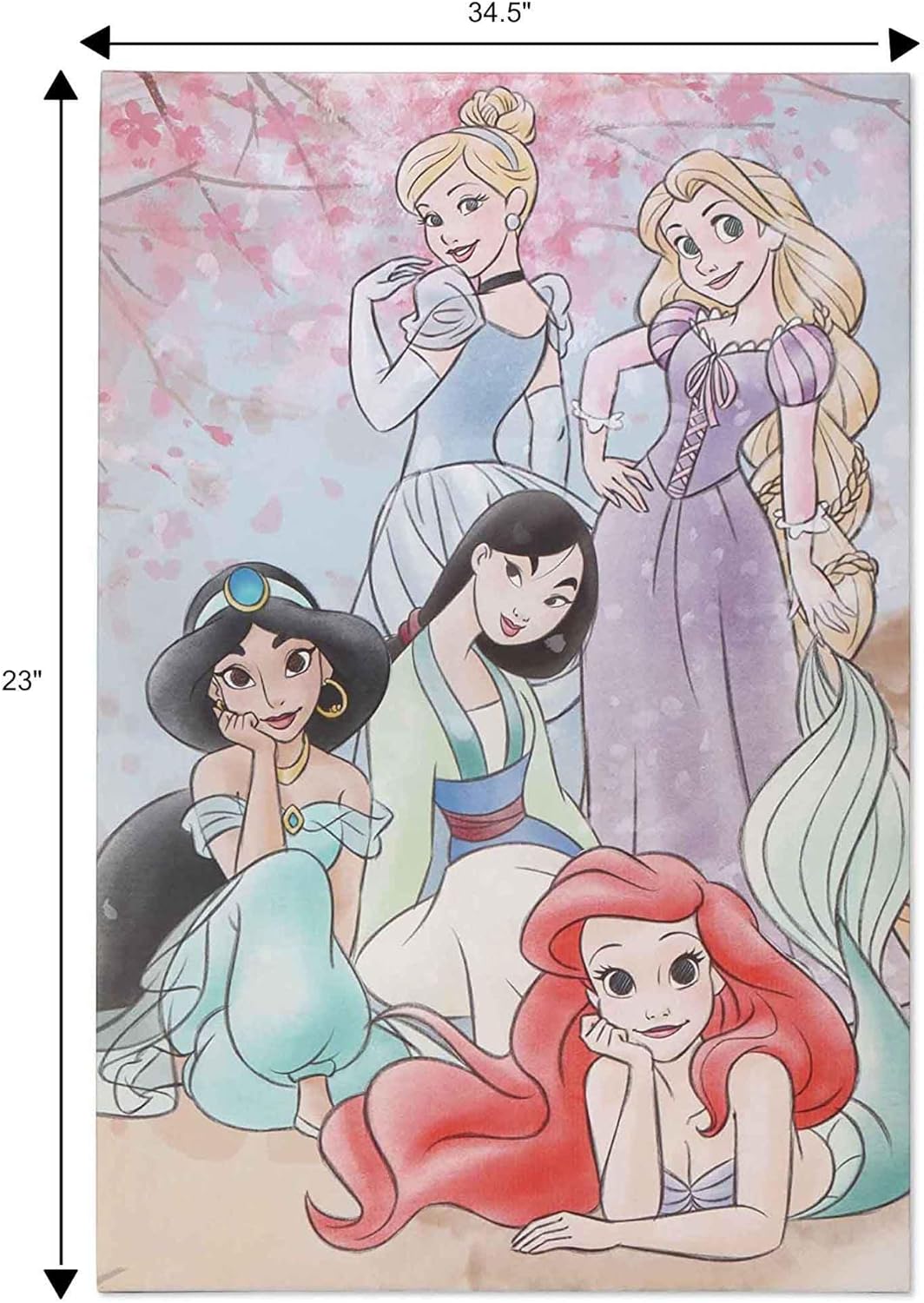 Open Road Brands Disney Princesses Gallery Wrapped Canvas Wall Decor - Soft Pastel Canvas With Ariel, Jasmine, Cinderella and Mulan - Large Princess Wall Art