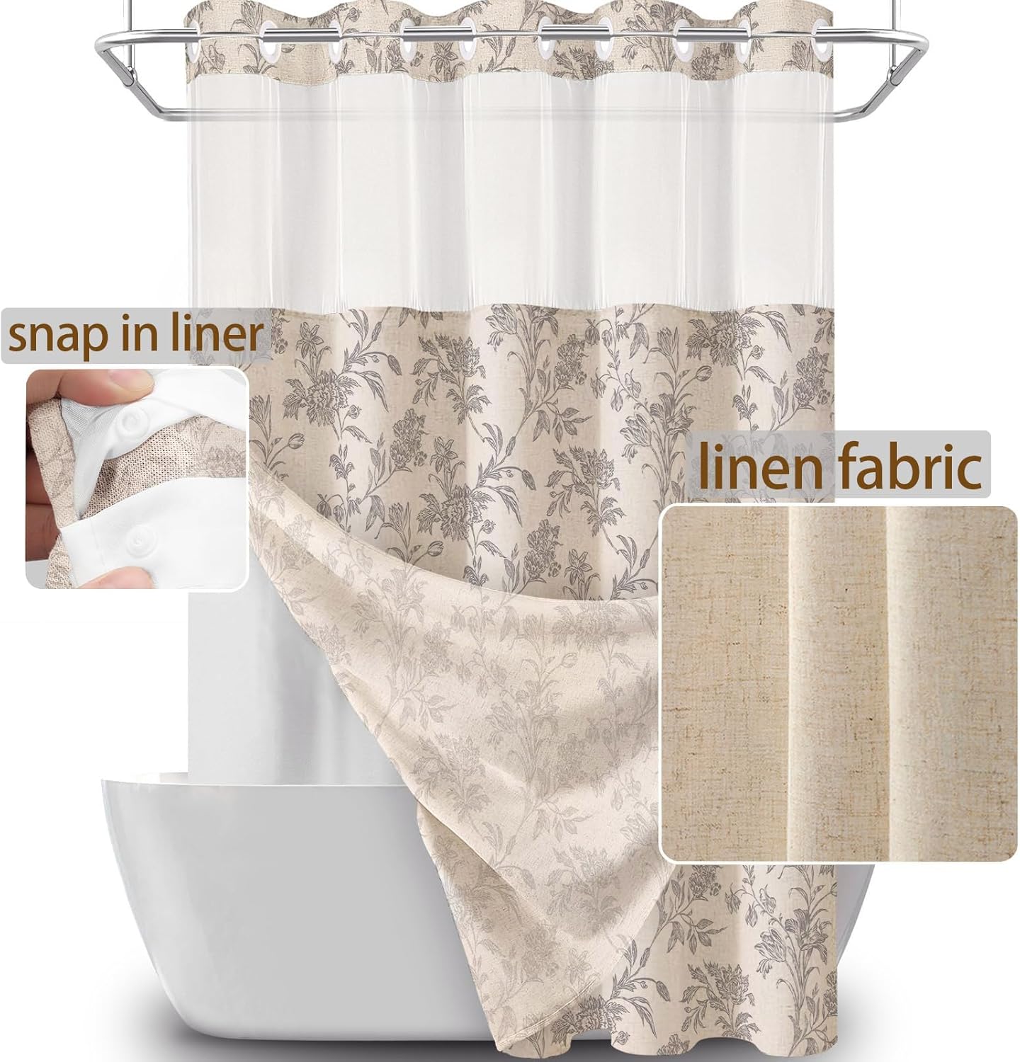 No Hook Shower Curtain with Snap in Liner Gray Floral Cotton Linen Cottagecore Shower Curtain for Bathroom 72" W x 75" L
