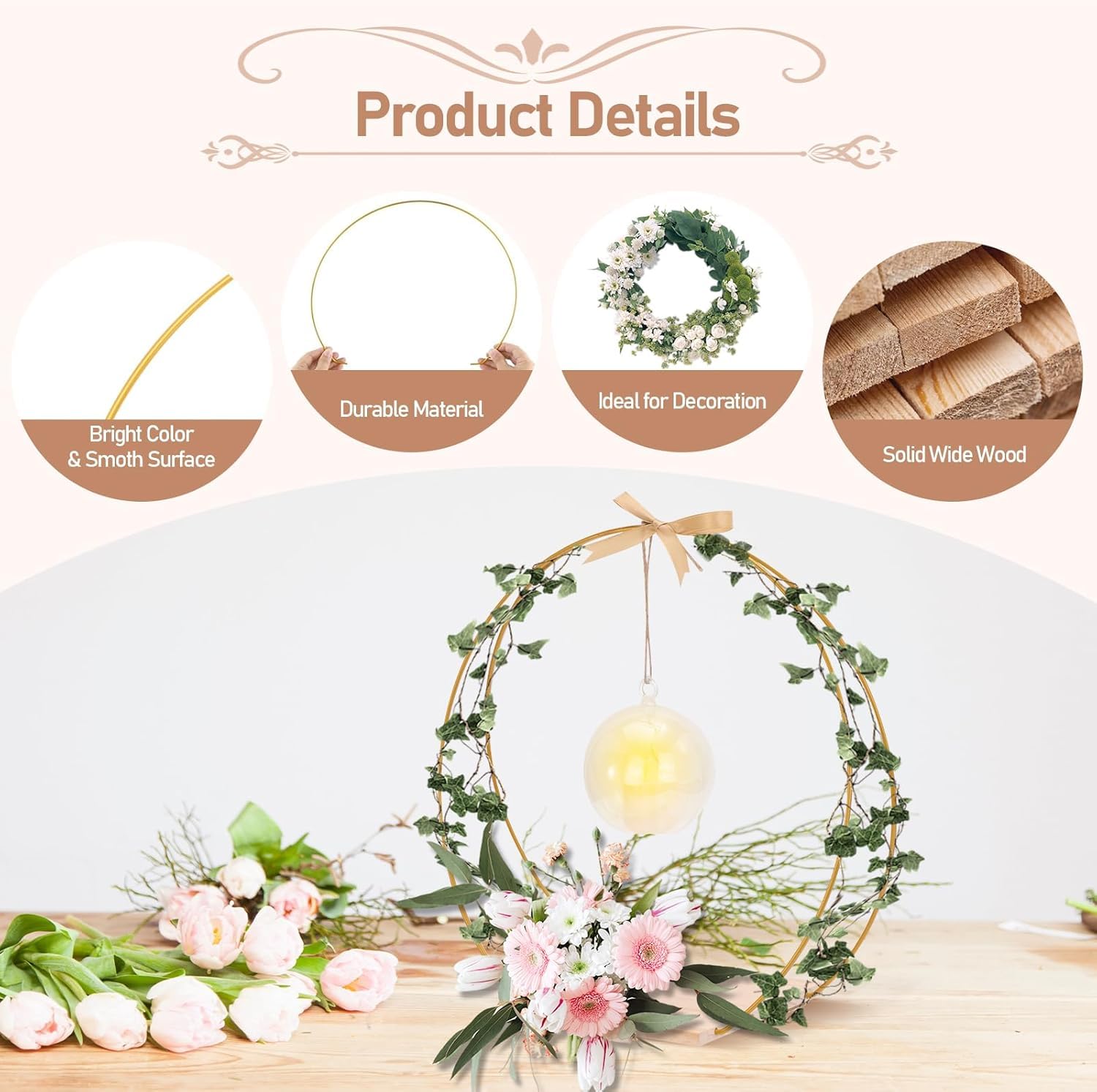 8 Stück Metallringe zum Basteln, 32cm Metallring mit Fuß,Deko Ring mit Ständer, Kerzenlicht & Transparenter Acrylhänger, Deko Hochzeitsgeschenk für Hochzeitstisch Kranz Dekor DIY Handwerk