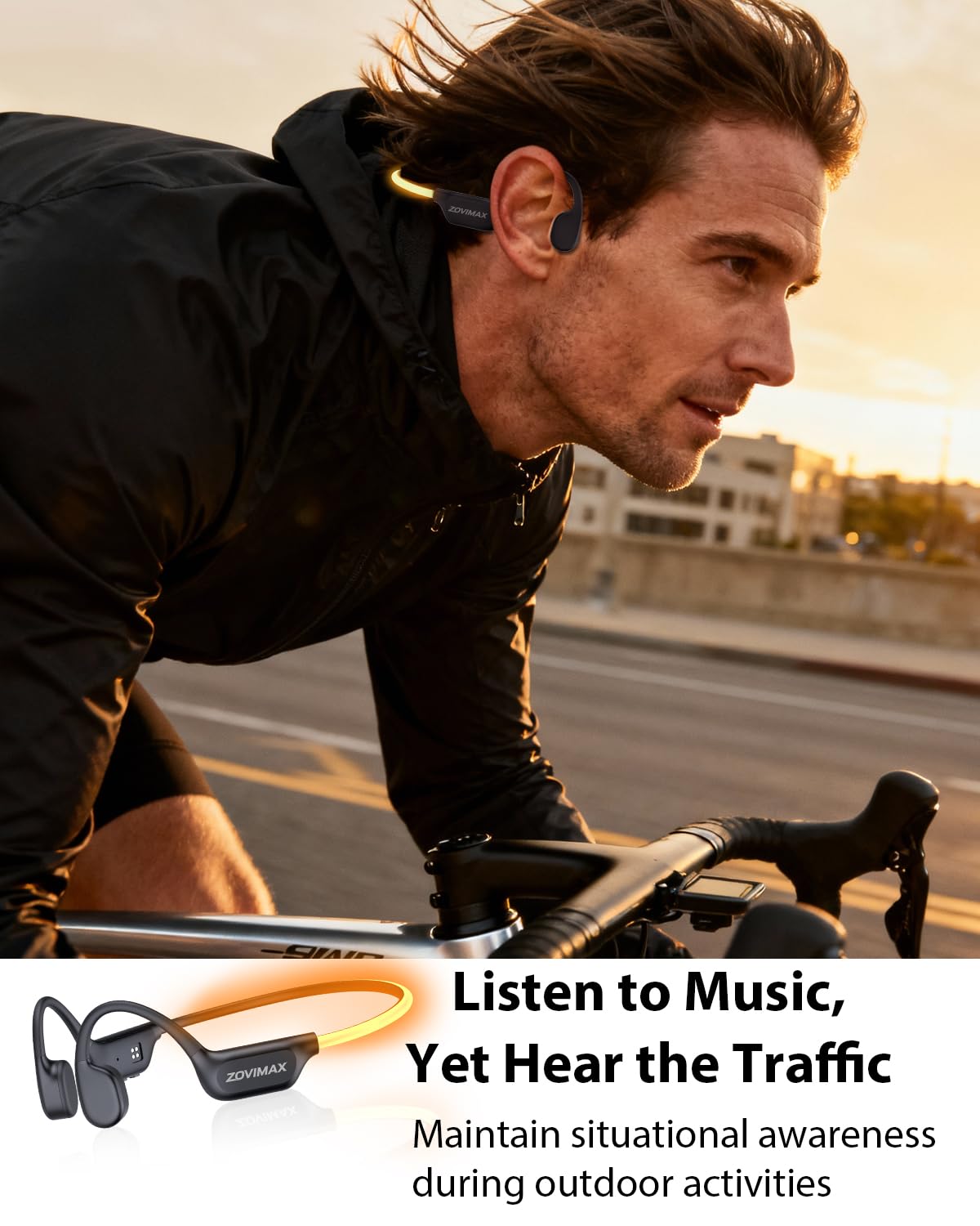 Knochenschall Kopfhörer Bluetooth 6.0 mit LED-Sicherheitslicht, Open Ear Sportkopfhörer Bluetooth mit Mikrofon, IP7 wasserdicht, 10Std Sportkopfhörer für Fitness/Radfahren/Laufen, Schwarz-Orange