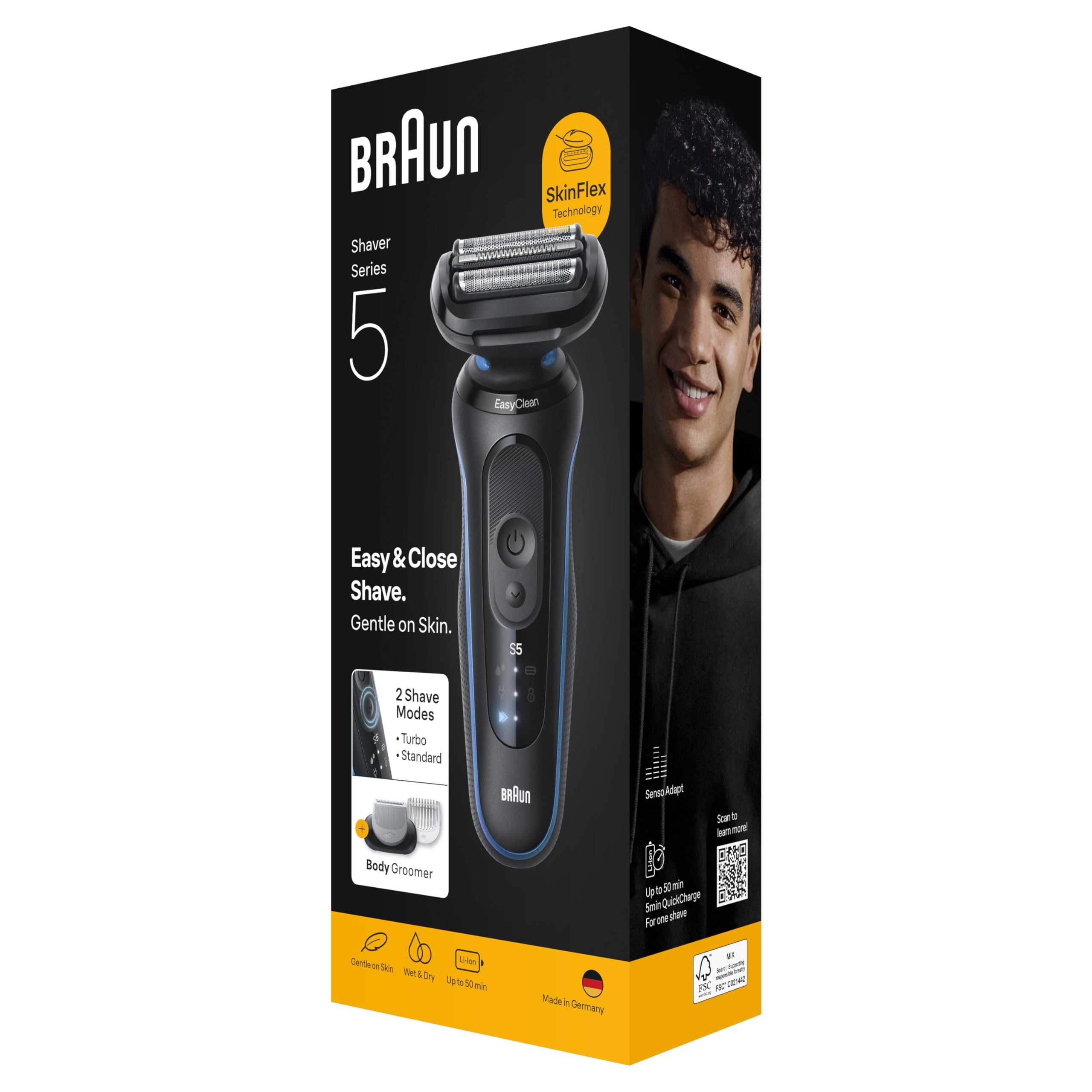 Braun Series 5 Afeitadora Eléctrica Hombre, 52-B1600S, Azul | Máquina de Afeitar Resistente al Agua, Recargable, 50 Min de Uso, con Cabezal de Recortadora Corporal