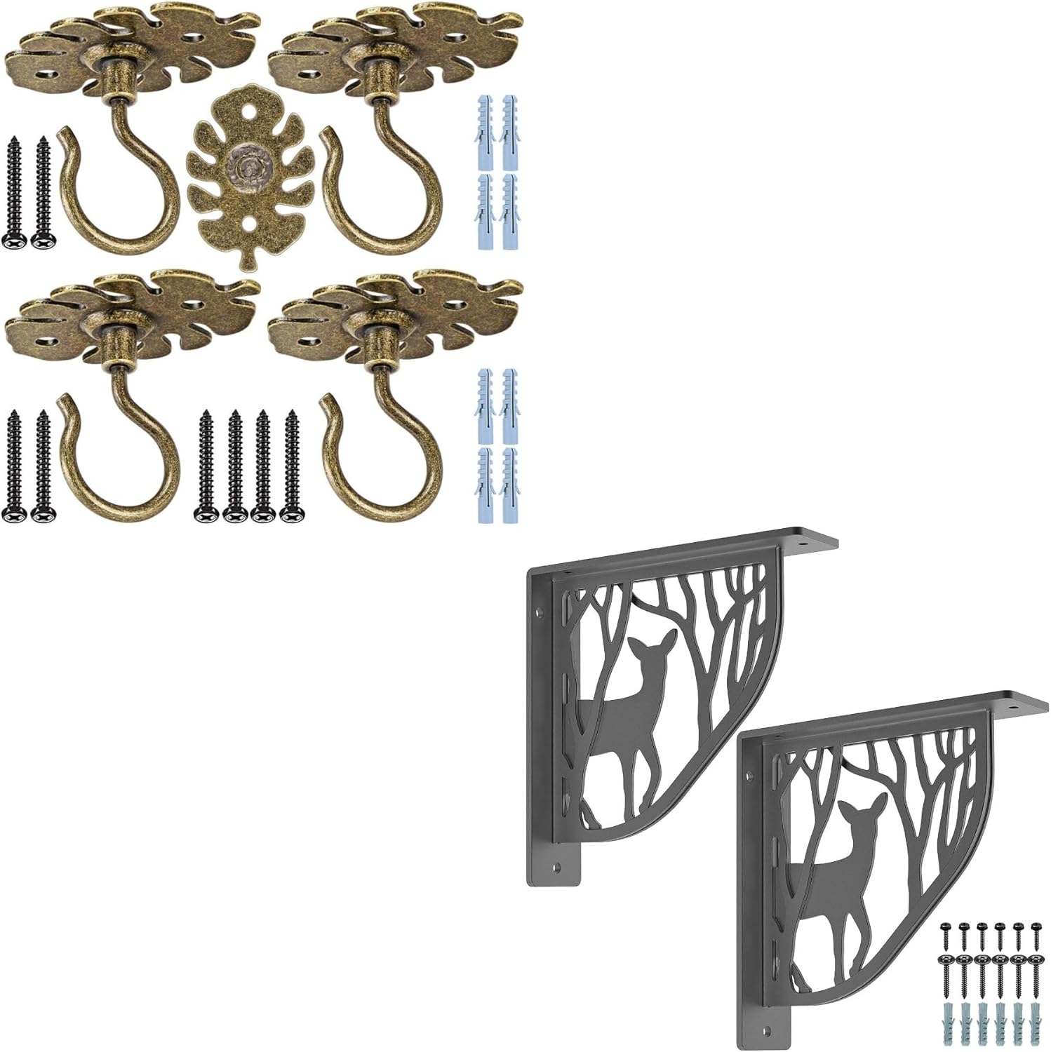 Dolibest Rustic Wall & Ceiling Storage Bundle – 4 Pcs Plant Hooks (Bronze Turtle Leaf) + 2 Pcs Deer-Shaped Shelf Brackets (Black) | Heavy Duty 500LB L-Bracket & Decorative Ceiling Hooks for Hanging Pl