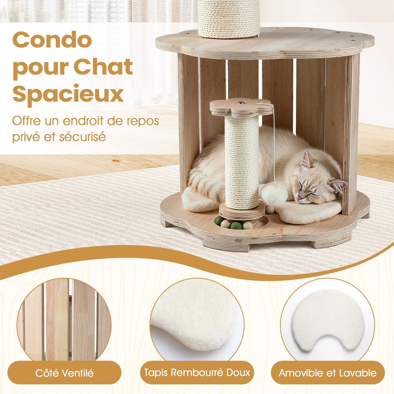 COSTWAY Petit Arbre à Chat Bois 73 cm, Condo, Capsule, Circuit à Billes pour Chat en Bois avec 4 Balles, 2 Poteaux à Griffer, Arbre a Chat Design, Coussin Amovible Lavable, Pompon Suspendu