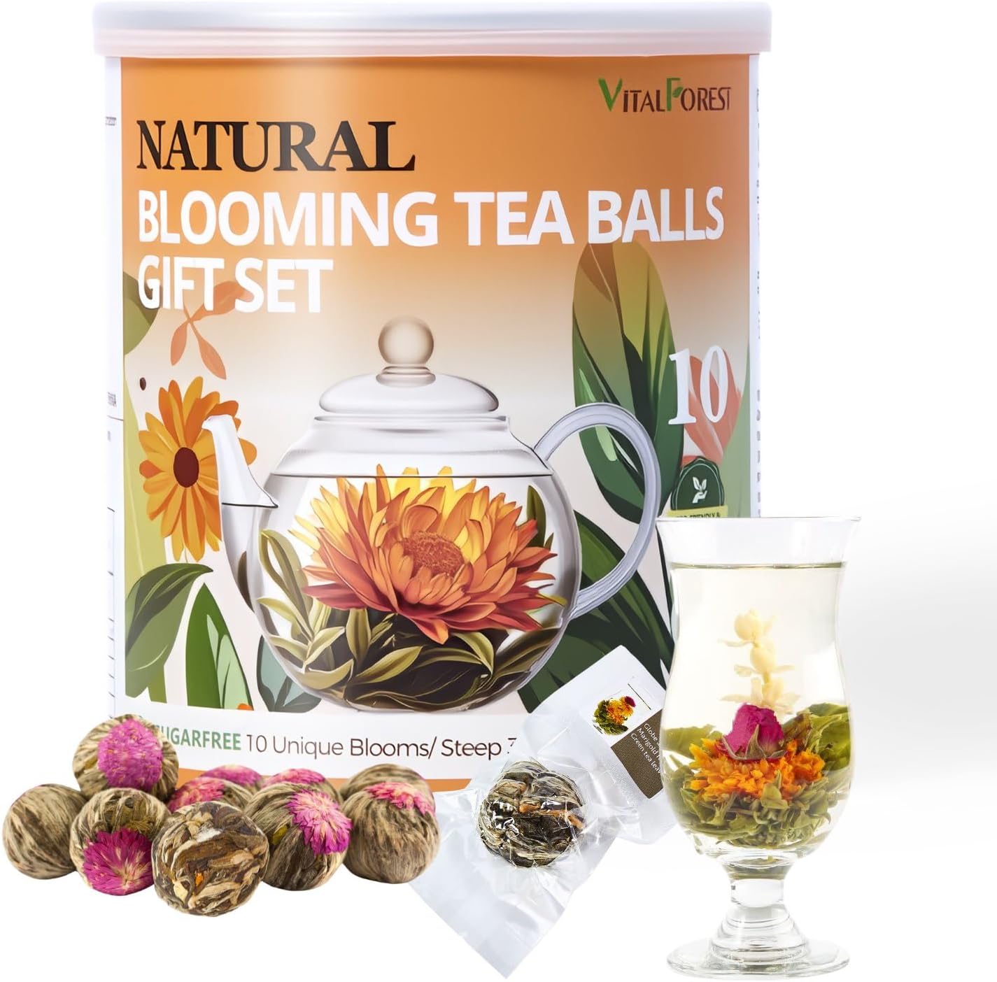 Blooming Tea Gift Set, 10 Unique Varieties Flowering Tea Balls, VitalForest Individual Packing Handmade Blooming Green Tea with Flowers for Anniversary, Valentine, Birthday
