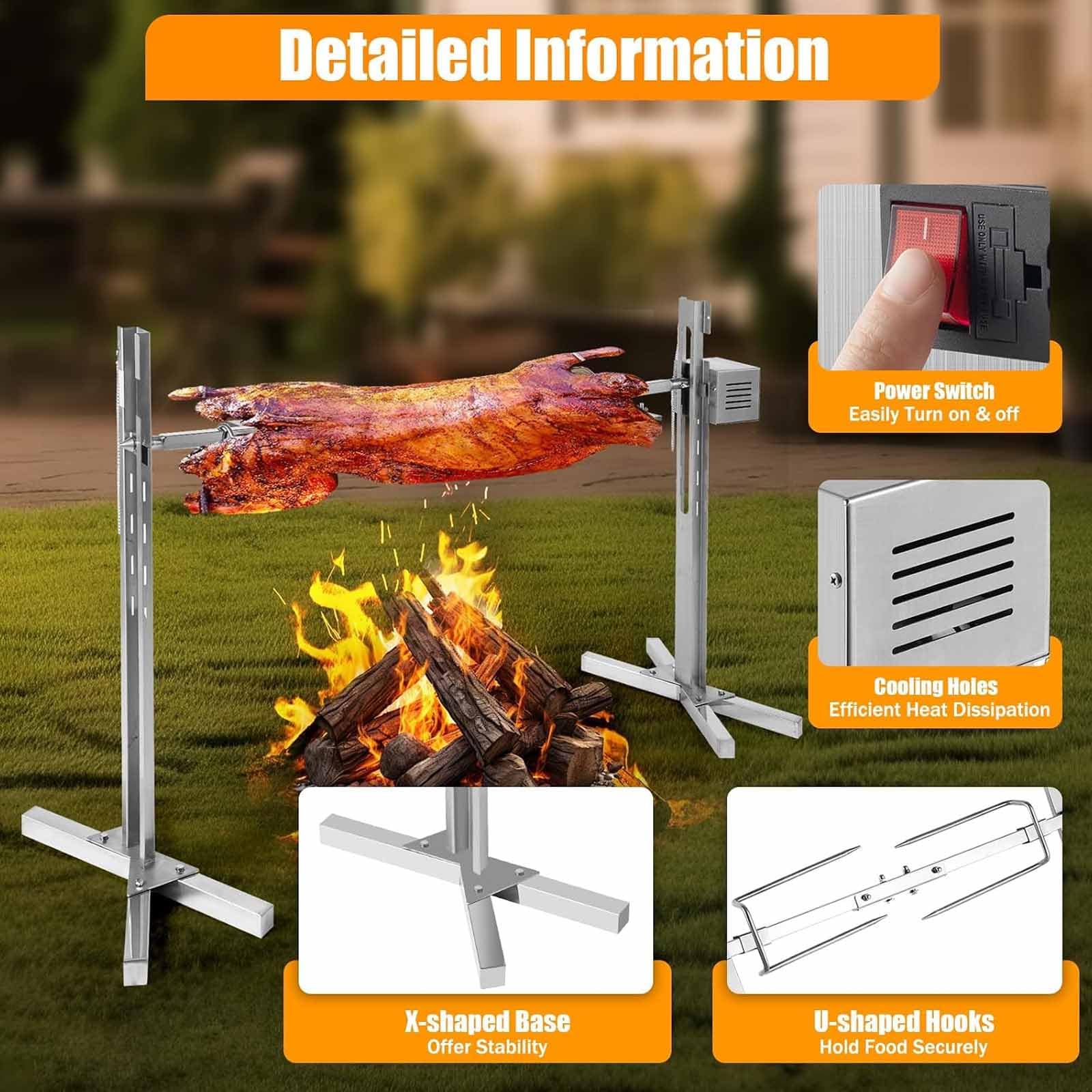 Kit Girarrosto Elettrico Per Barbecue Con Motore, Capacità Di Carico 40 Kg | Girarrosto Automatico In Acciaio Inox Con Motore, Altezza Regolabile, Rotazione A 360°, Per Barbecue,