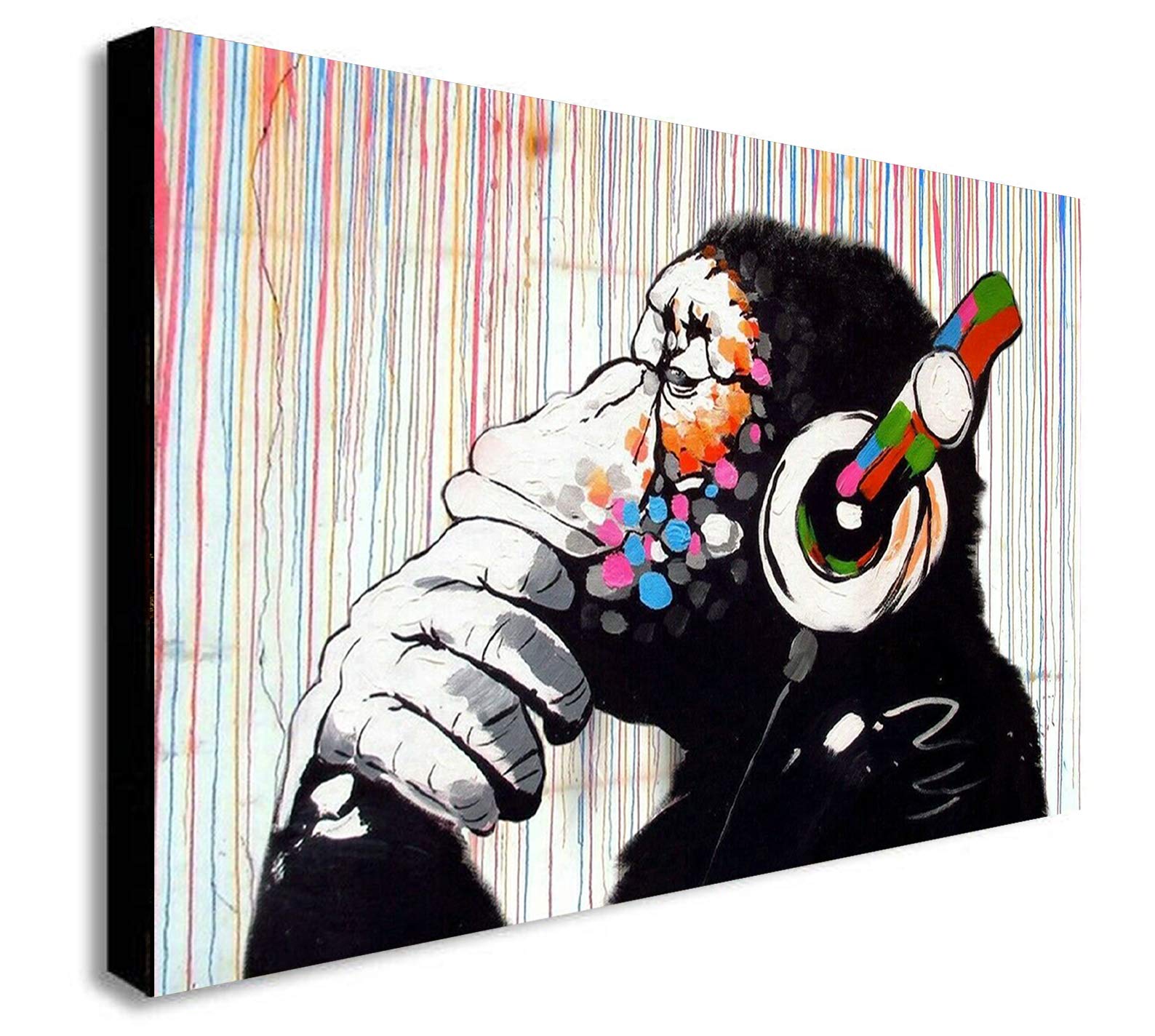 Banksy DJ Monkey Chimp - Rainbow Rain - Canvas Wall Art Framed