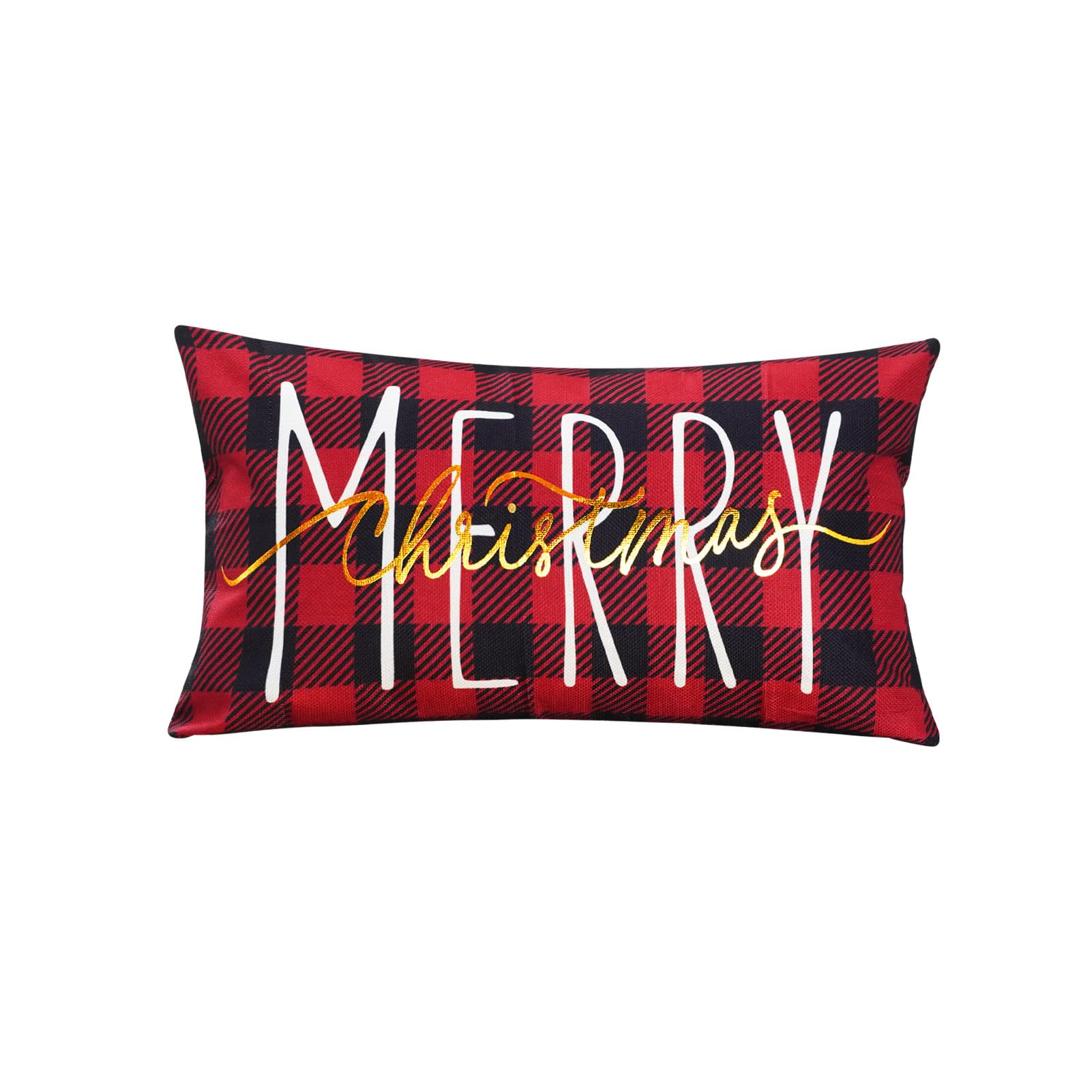 ONWAY Christmas Pillow Cover 12x20 Inch Merry Christmas Gold Red Black Buffalo Plaid Decorative Throw Pillows Farmhouse Winter Holiday Decor Cushion
