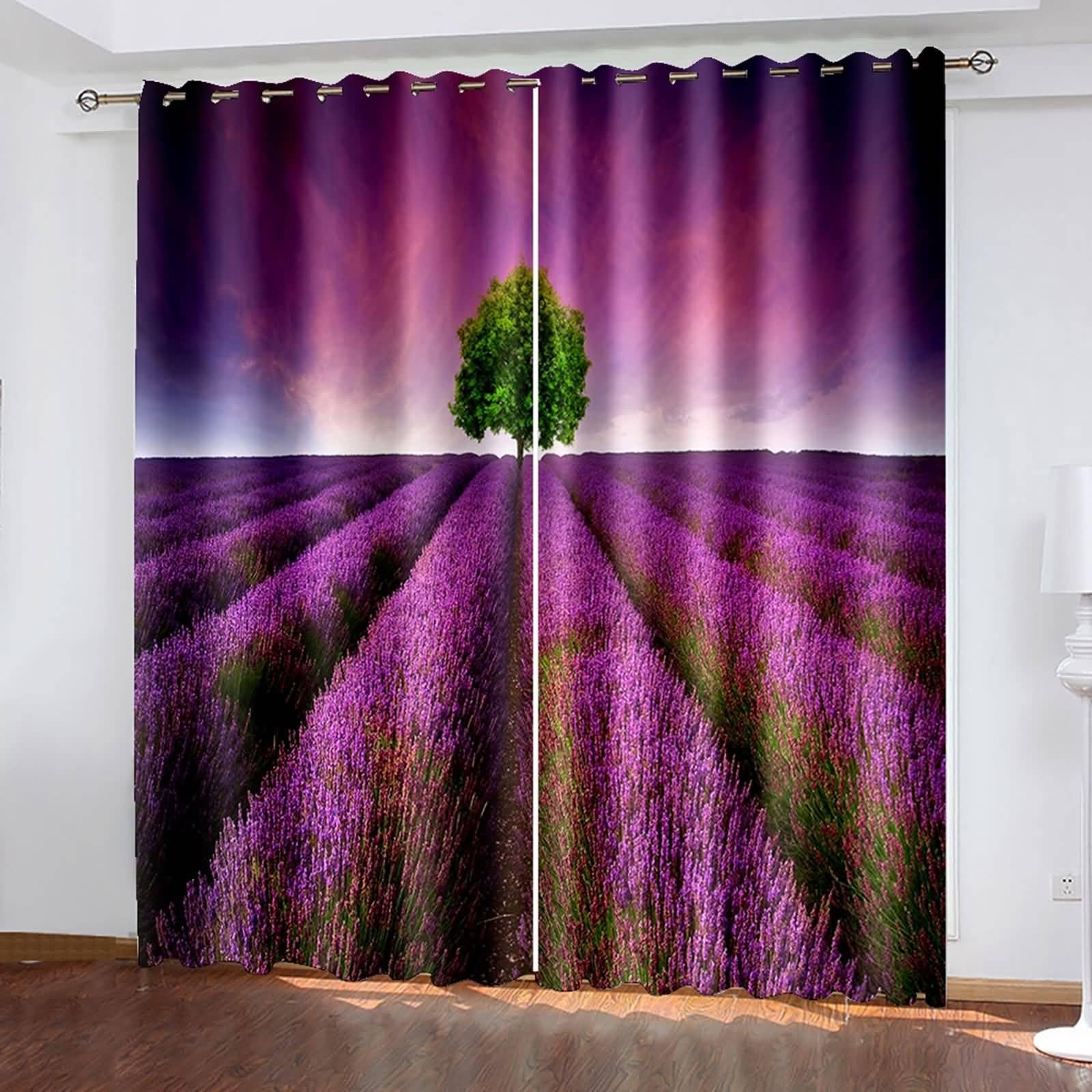 Verdunklungsvorhänge mit Ösen, 214x274cm Lila Grün Lavendel und Baum Vorhang für Schlafzimmer/Wohnzimmer