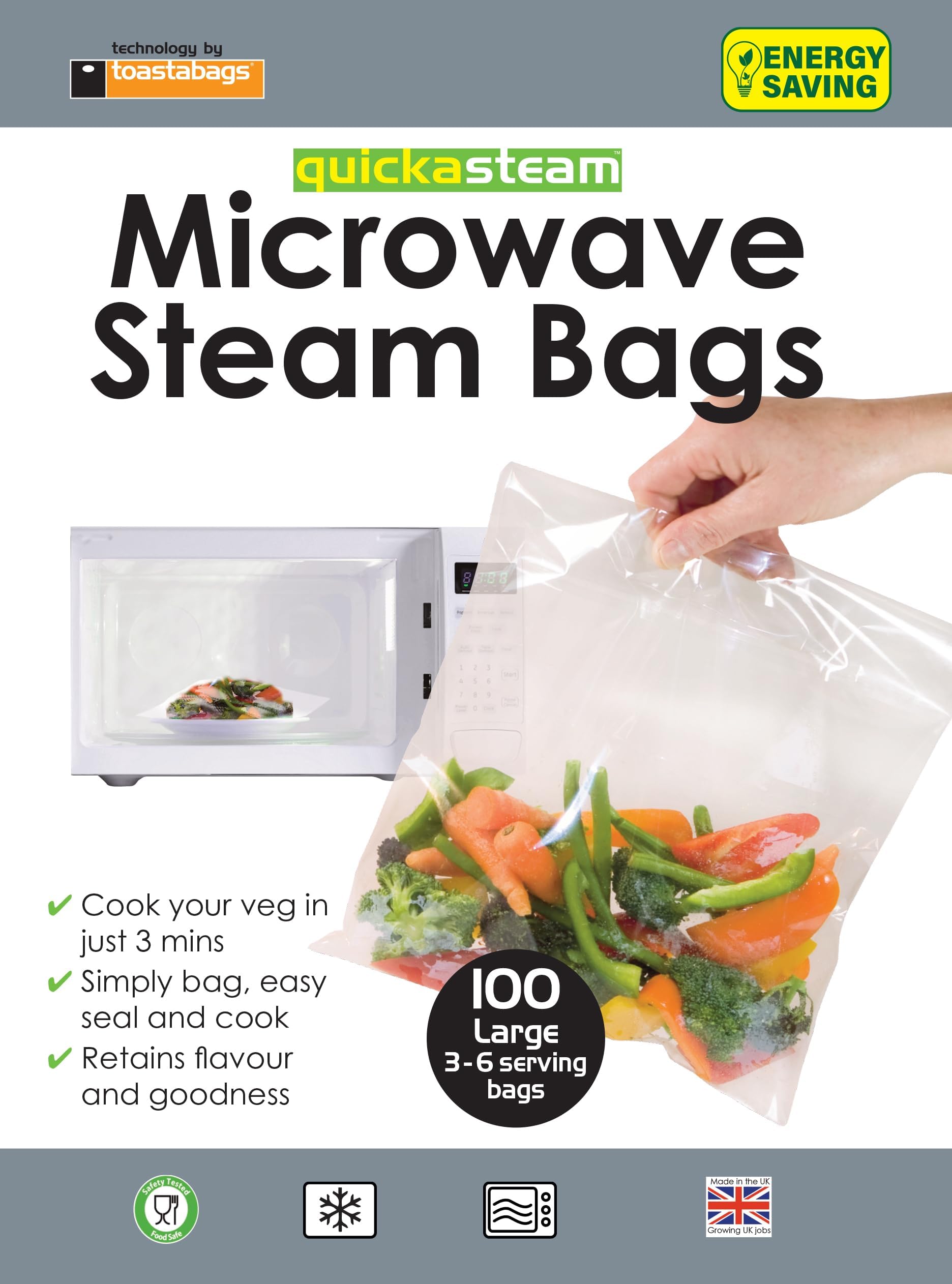 Toastabags Large Microwave Steam Bags, 100 Pack โ Disposable Steam Cooking Bags for Vegetables, Fish & Poultry โ Quick, Healthy Microwave Steaming