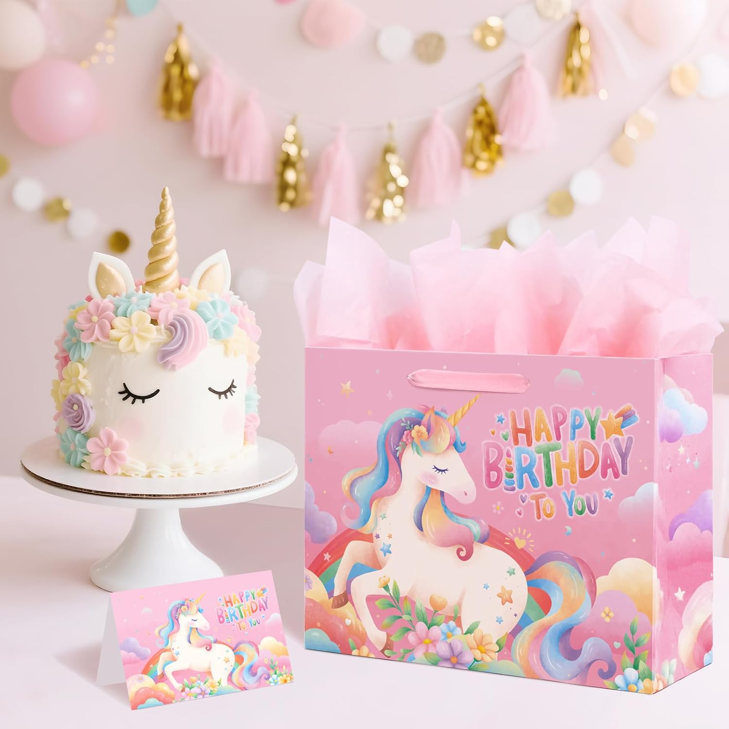 Unicorn Gift Bag for Girls, Unicorn Birthday Decoration Set with 13" Large Bag, Card, and Tissue Paper for Kids' Birthday Celebrations(Pink) - Image 4