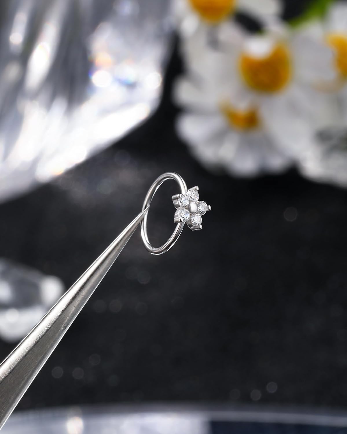 Jewseen 925 Sterling Silver Nose Rings Hoops 20g 14K White Gold Plated Nose Ring for Women Flower Nose Piercing Jewelry Sterling Silver Notril Hoop - Image 4