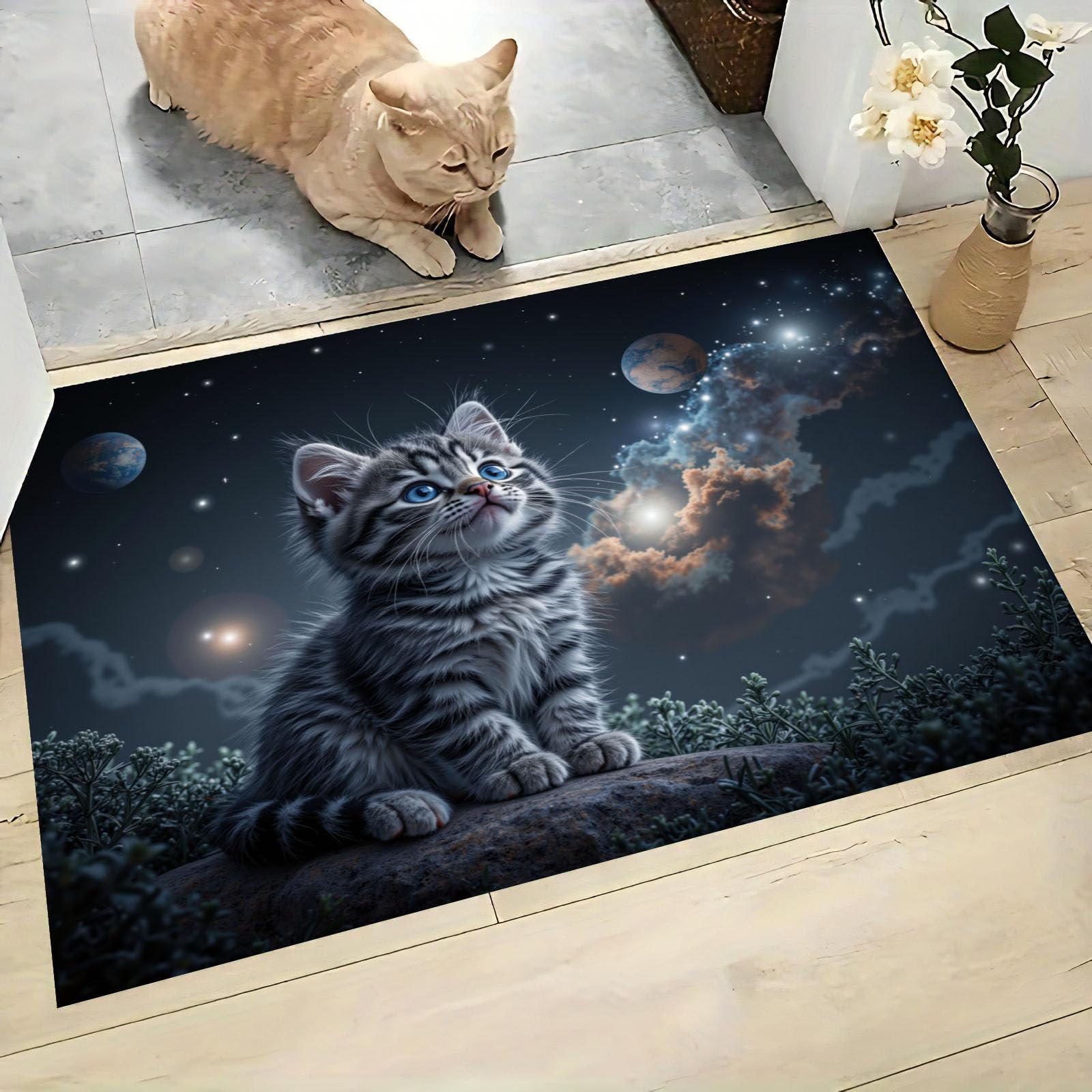 Paillasson interieur chat 45x75 cm ciel étoilé gris-bleu
