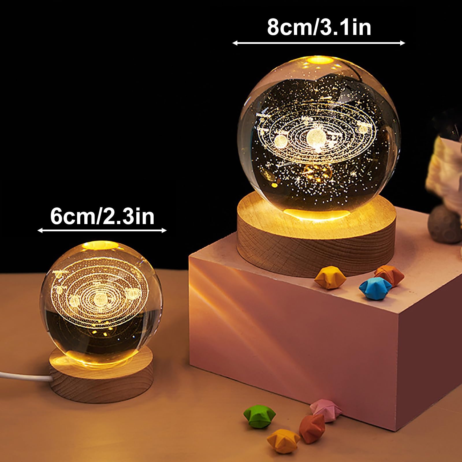 Bola de cristal alimentada por USB con soporte, esfera de luz cálida para decoración del hogar, adorno de escritorio y regalo