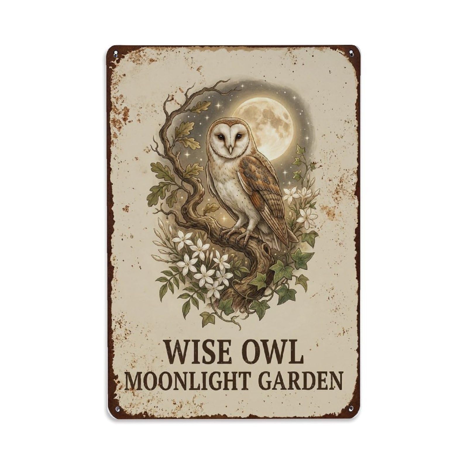 Fqnyr Style Wise Owl Moonlight Garden Sanctuary Metal Tin Sign Plaque Wall Decor For Cafe, Club Bar, Office, Home Garden Metal Poster 8X12inch