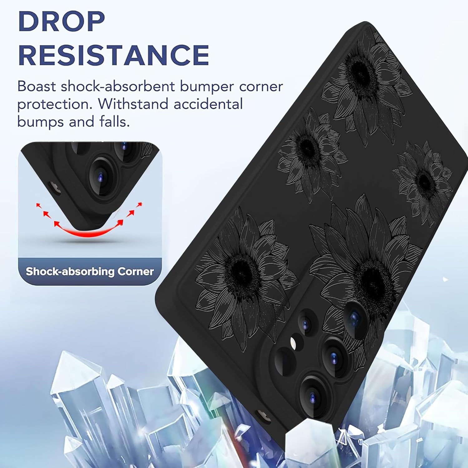 OOK Floral Case for Samsung Galaxy S25 Ultra Case, Cute Sunflower Floral Blooms Design Soft TPU Shockproof Protective for Women Girls Phone Cover- Black Flower - Image 5