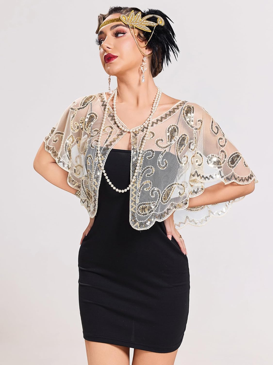 1920s Shawl Wraps Sequin Beaded Evening Cape Bridal Shawl Bolero Flapper Cover Up - Image 5