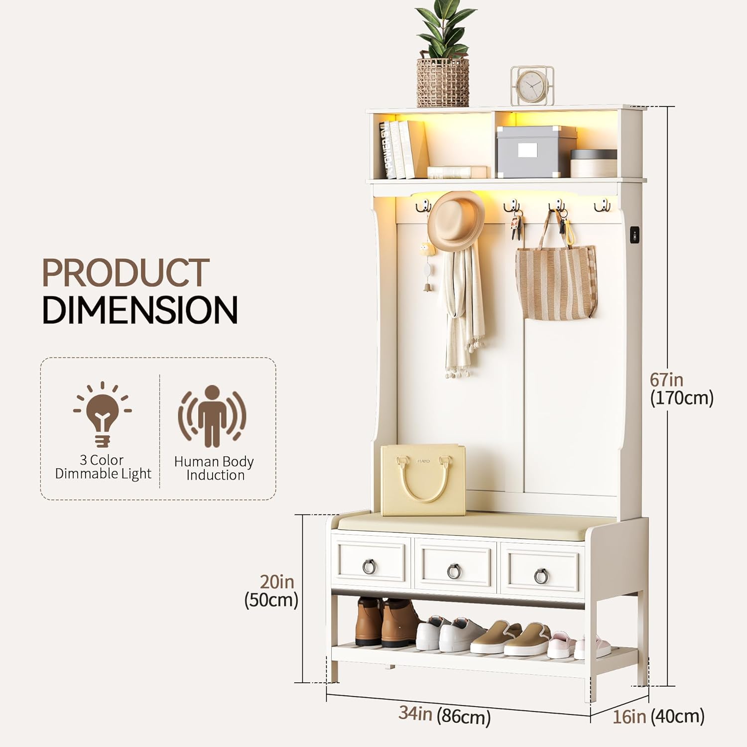 HNEBC 67" Farmhouse Hall Tree with Bench and Shoe Storage,LED Entryway Bench with Coat Rack,Lighted Entryway Cabinet with 2 Storage Cubbies,Sliding Drawers,Shoe Rack,Top Shelf for Hallway