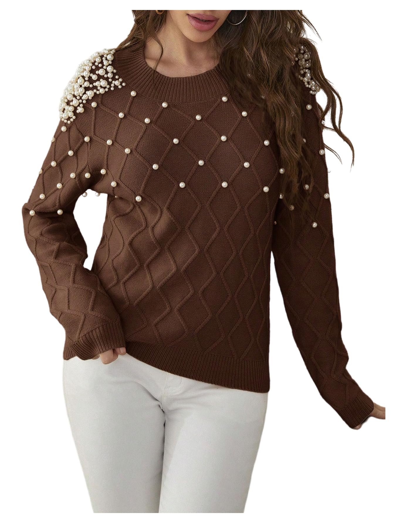 MakeMeChic Womens Pearl Holiday Sweater Crew Neck Long Sleeve Knit Dressy Pullover Tops