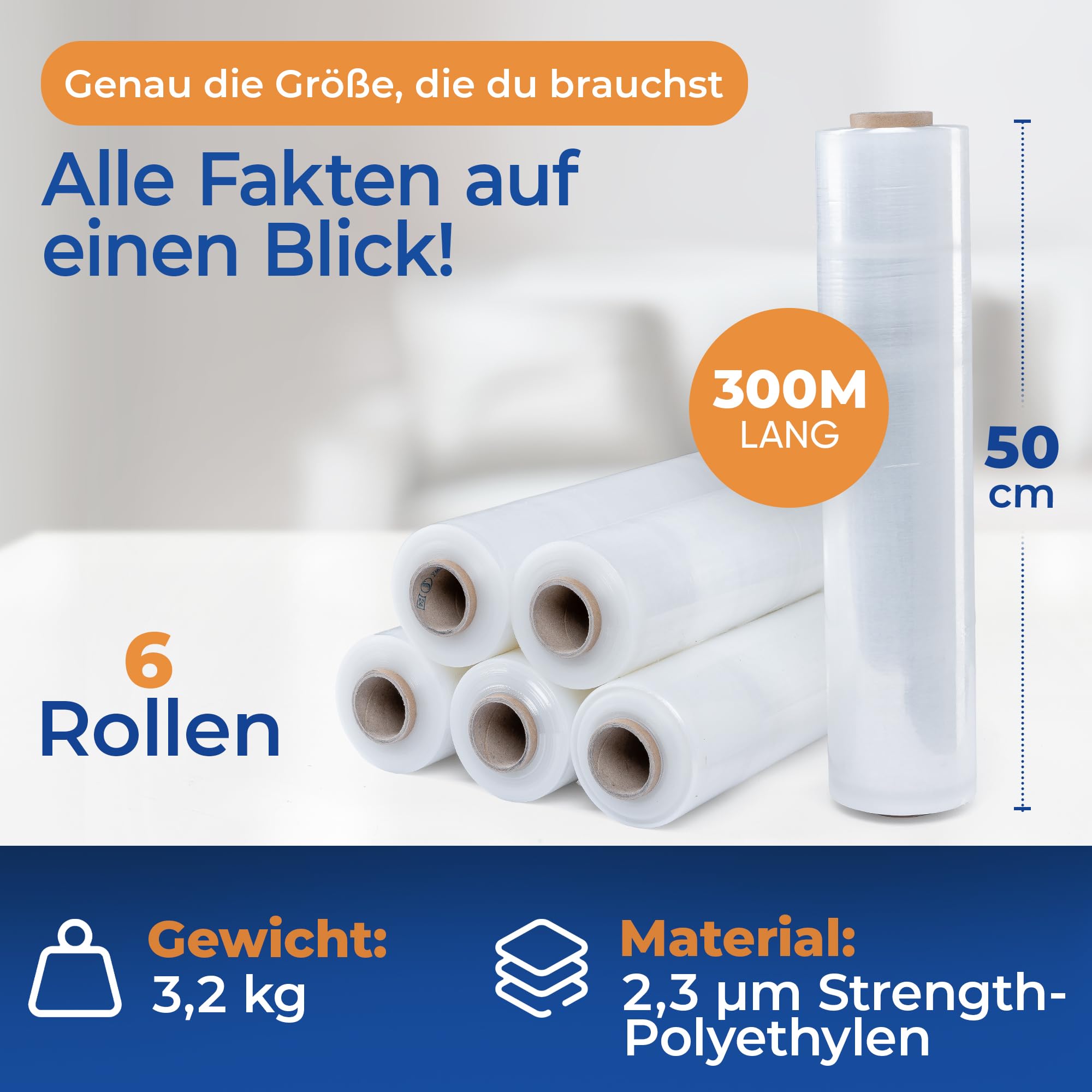 Pellicola elastica di alta qualità, trasparente, 3,5 kg, 50 cm x 300 m, per imballaggio e trasloco, elevata resistenza allo strappo, qualità industriale (4 pezzi)