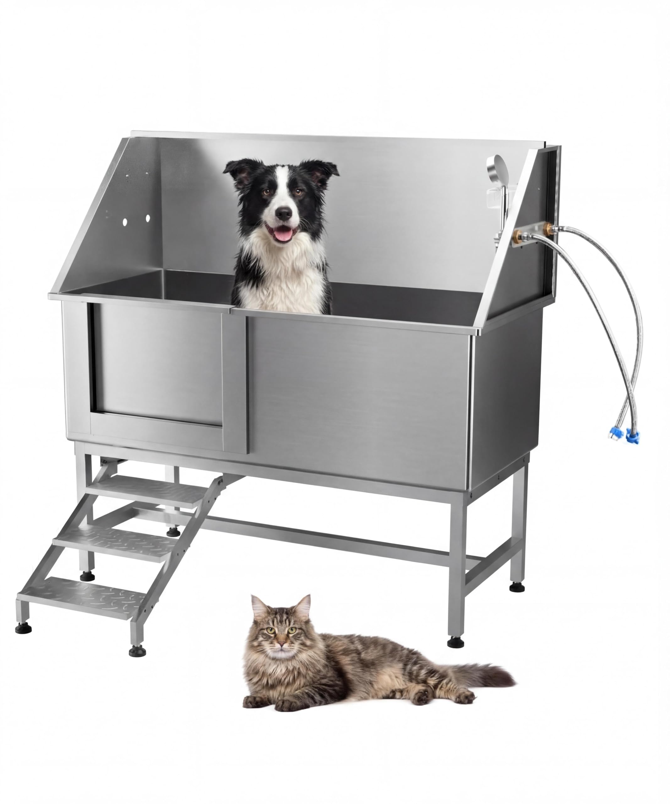62" Dog Washing Station, Stainless Steel Pet Bathing Station for Home, Professional Dog Grooming Tub with Sliding Door & Stairs, Faucet, Sprayer,
