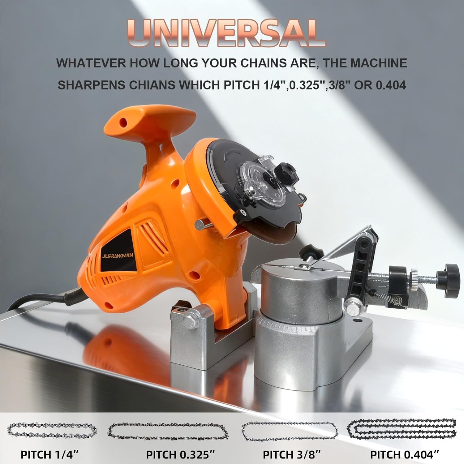 Electric Chainsaw Sharpener 120-Volt 250W Univerrsal Bench Saw Chain Sharpener for Pitch 1/4”,.325”,3/8”and .404” with Bonded Abrasive Grinding Wheel Effortless Precise Sharpening